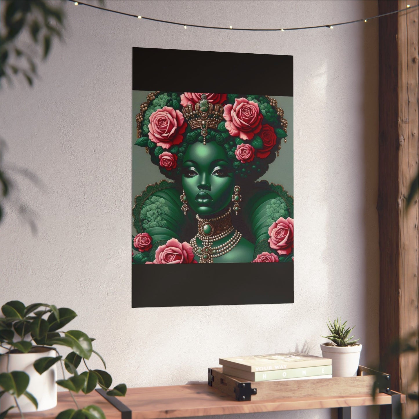 Floral Afro Art Poster - Elegant Matte Vertical Wall Decor - Green Lady With Roses