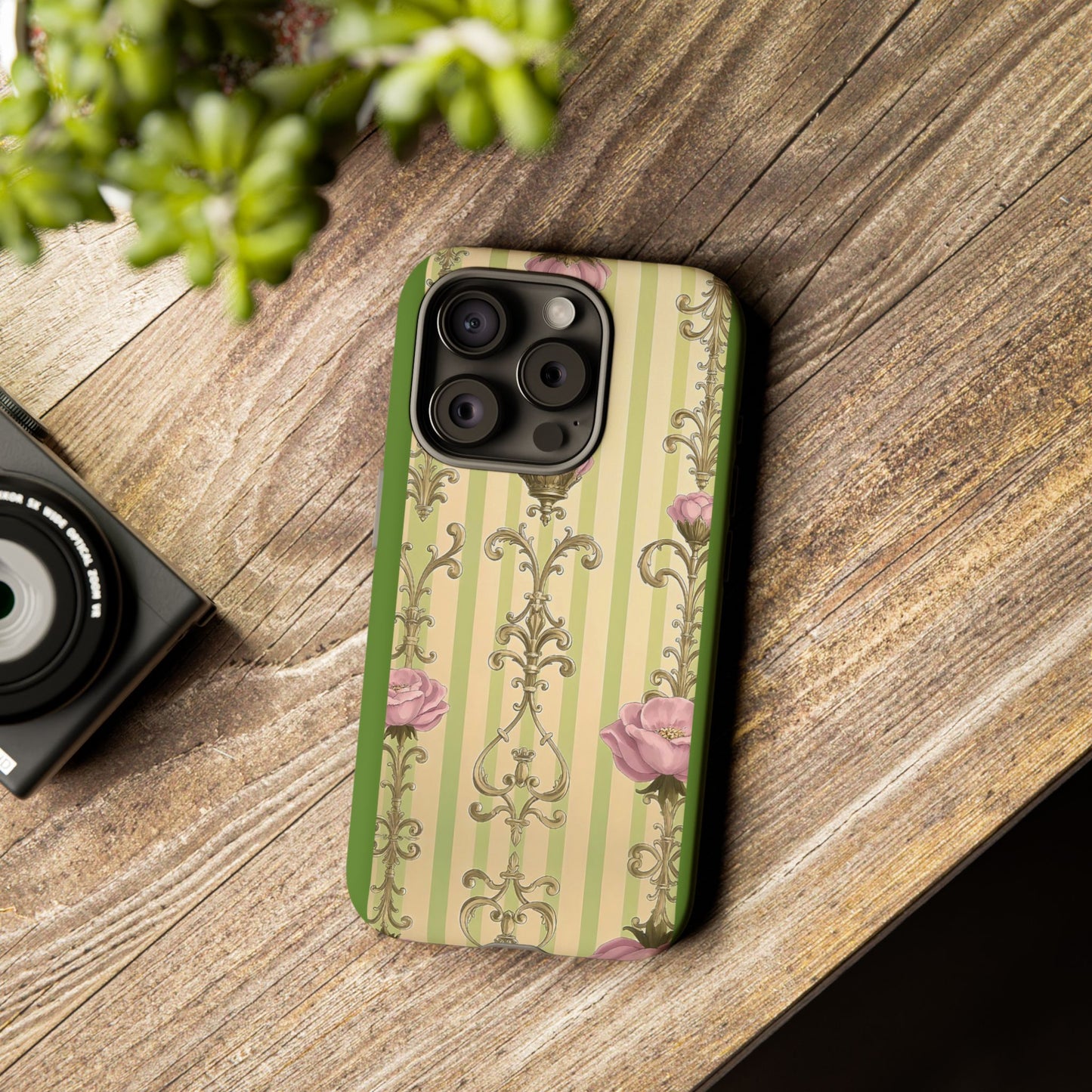 Elegant Floral Motif Phone Case - Tough Cases with Vintage Design - Lime Green & Pink Striped Damask