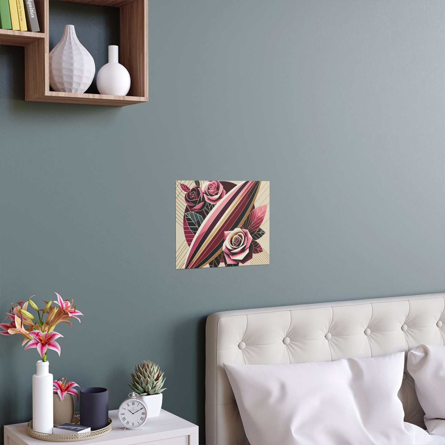Elegant Floral Silk Poster - Indoor/Outdoor Wall Art for Home Decor - Pink & Burgundy Striped Surfboard & Roses