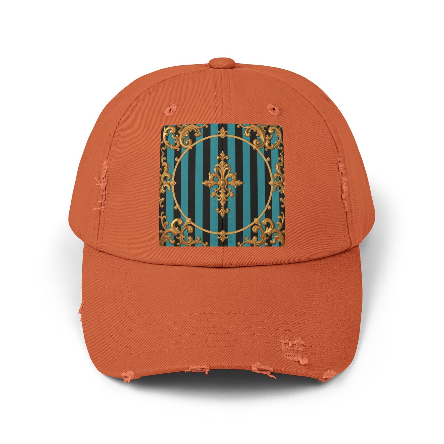 Turquoise & Black Striped Gold Baroque Distressed Cap with Elegant Design, Fashion Accessory for Everyday Wear, Perfect for Festivals, Gifts