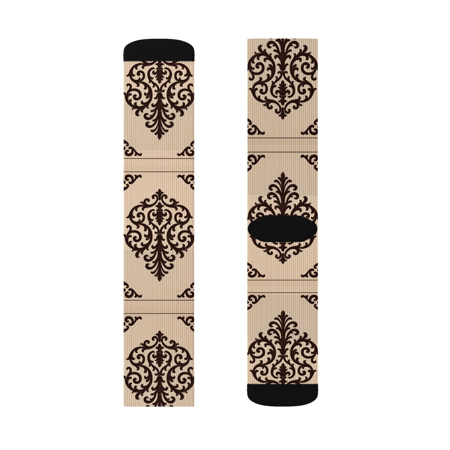 Almond-Beige & Brown Baroque Sublimation Socks – Vintage Baroque Pattern Crew Socks