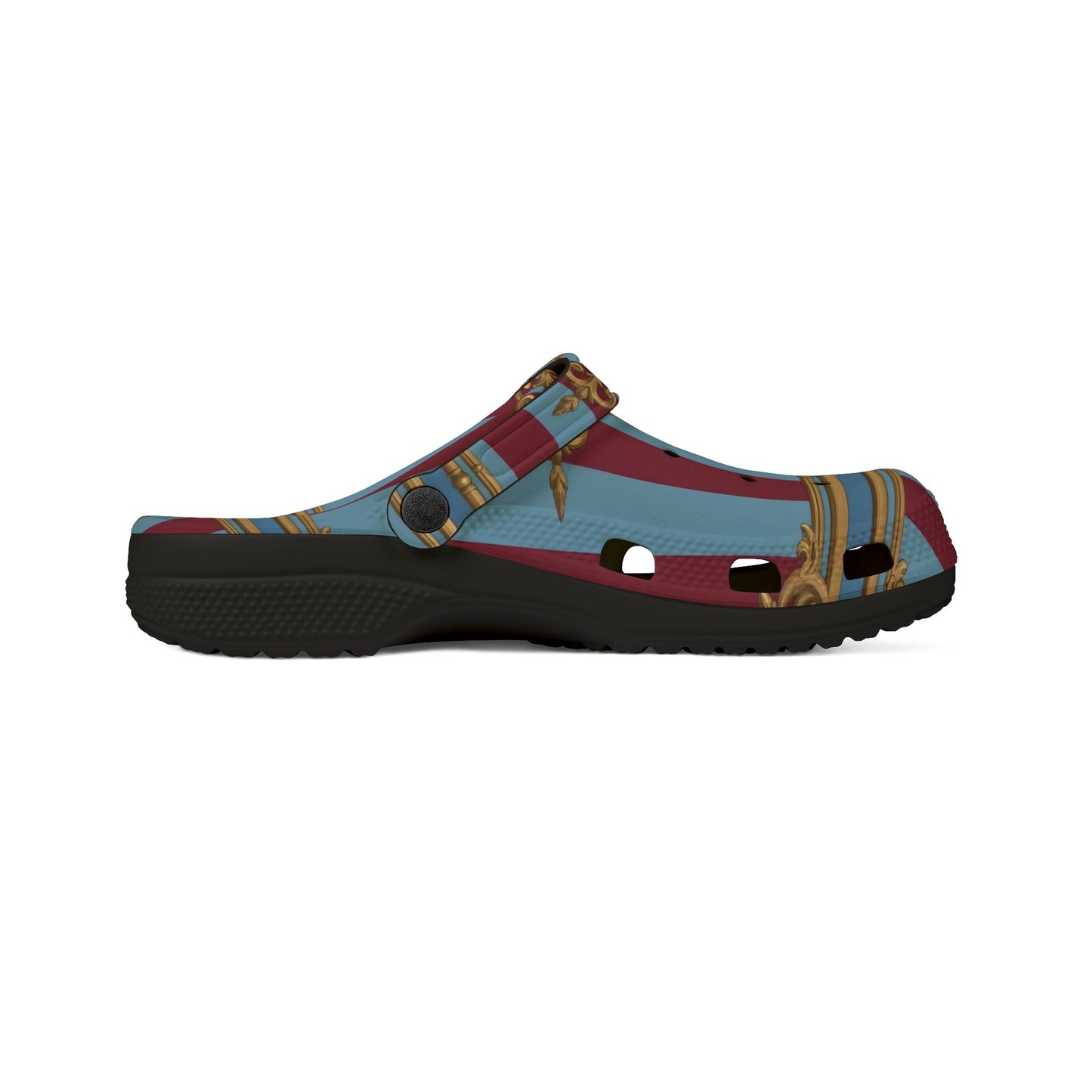 Chic Unisex EVA Foam Rubber Clogs – Stylish Comfort Footwear, Trendy Slip-Ons for Home, Casual Outings - Sky Blue & Maroon Striped Baroque
