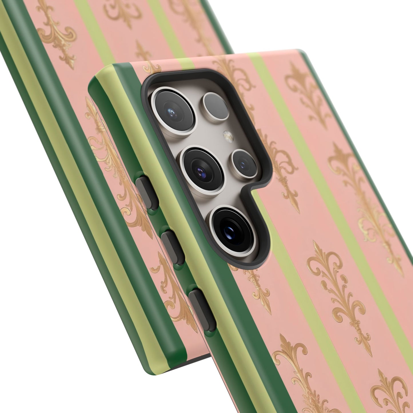 Elegant Floral Motif Phone Case - Tough Cases with Vintage Design - Lime Green & Pink Striped Damask