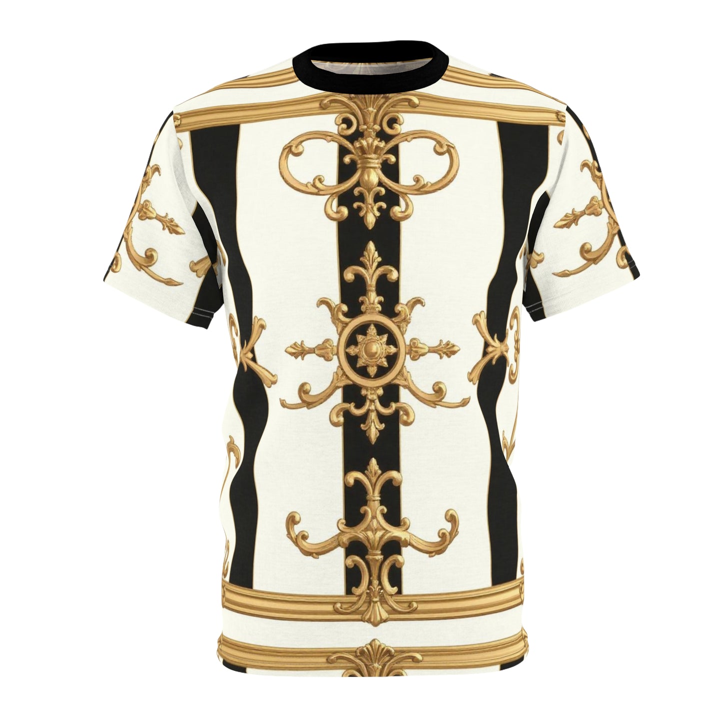 Elegant Baroque Unisex Cut & Sew Tee | Stylish AOP Top, Fashion Statement, Unique Gift, Casual Wear - Black & White Striped Gold Baroque