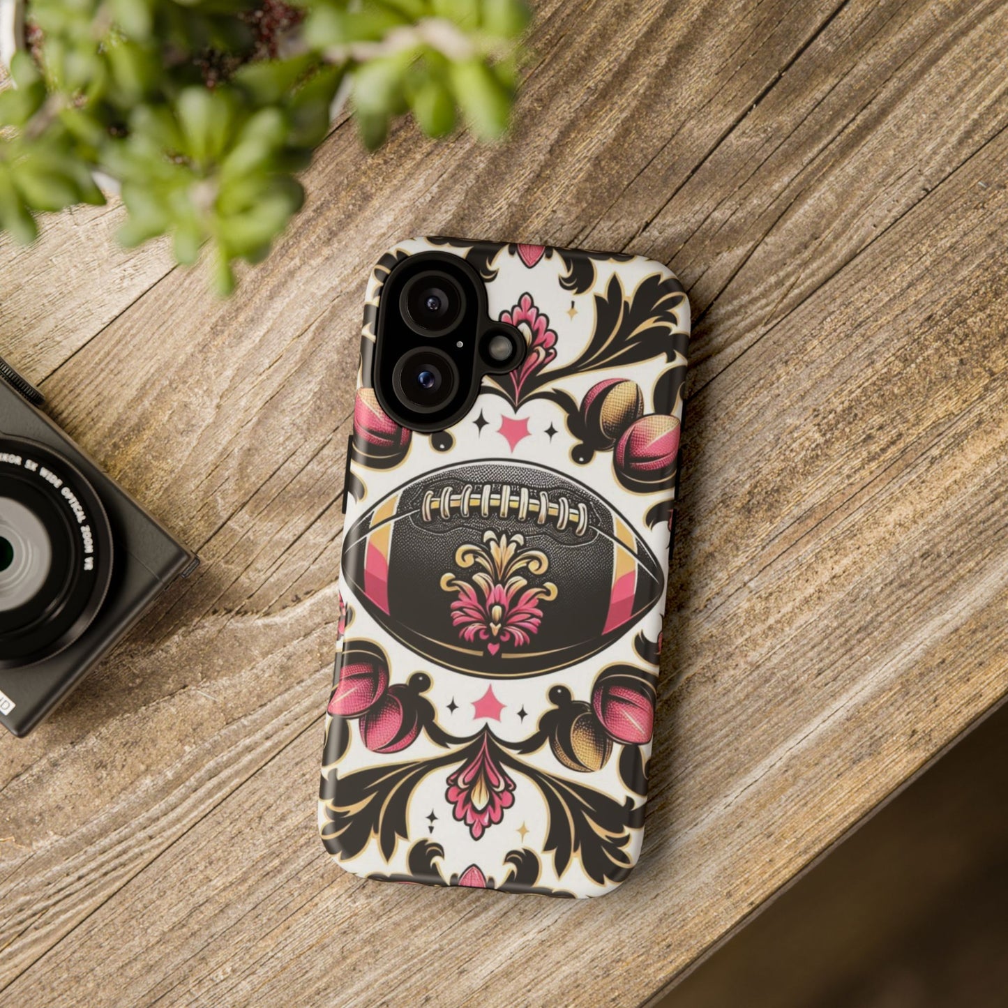 Elegant Floral Motif Phone Case - Tough Cases with Vintage Design - Damask White, Pink Gold & Black Football
