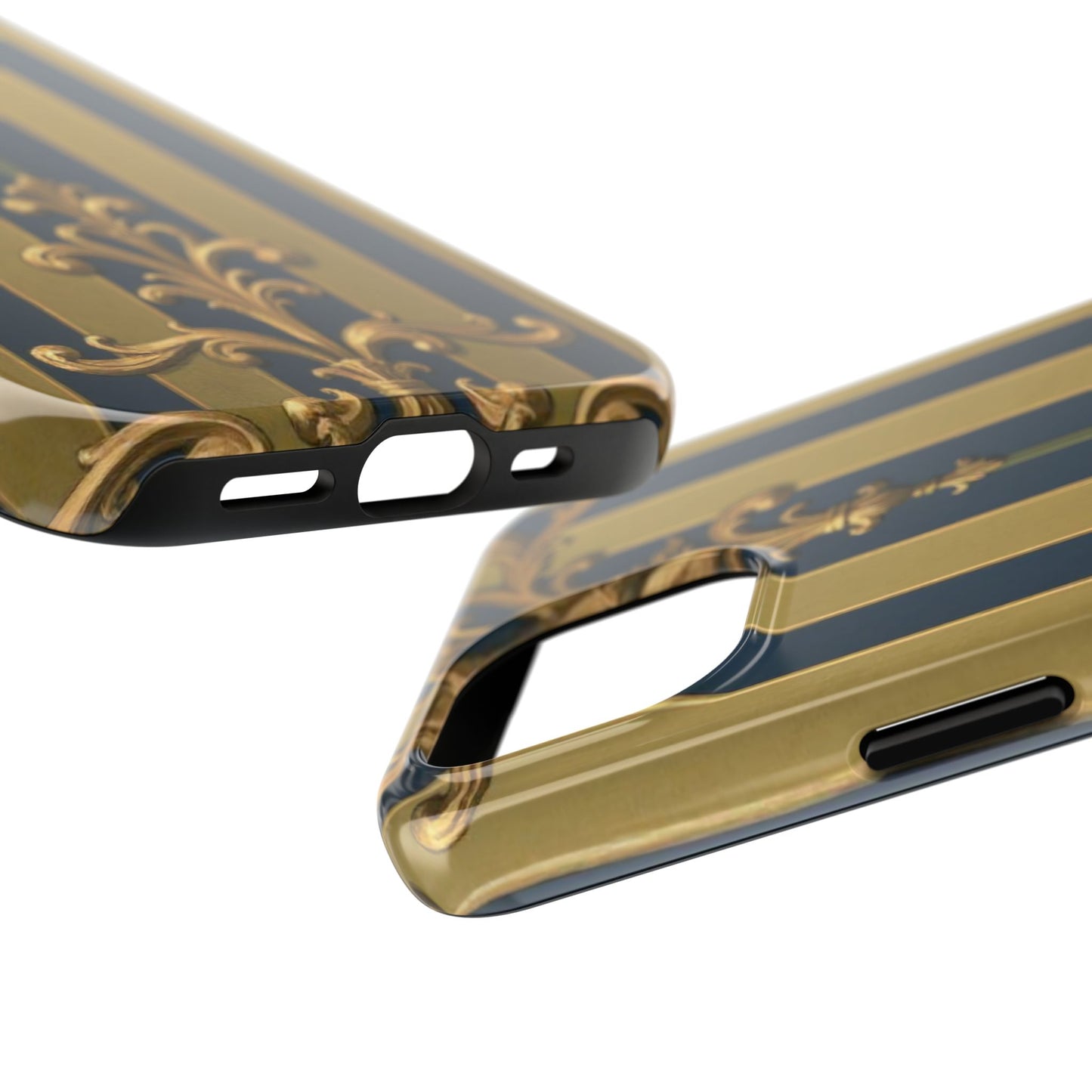 Elegant Midnight Blue & Olive Striped Gold Baroque Tough Phone Case, Phone Cover, Durable Case for Protection, Stylish Gift for Him/Her