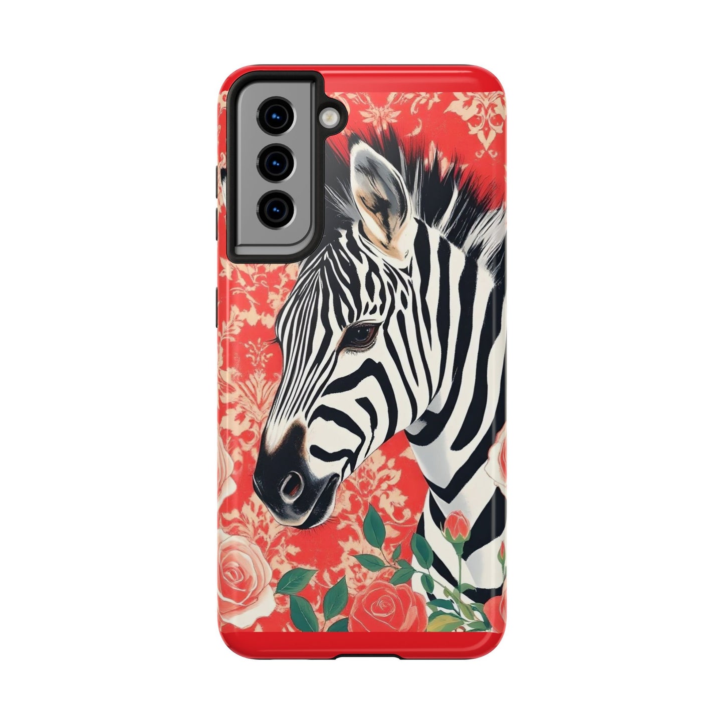 Zebra Tough Phone Case - Trendy Floral Design for Animal Lovers - Zebra With Coral Roses & Damask