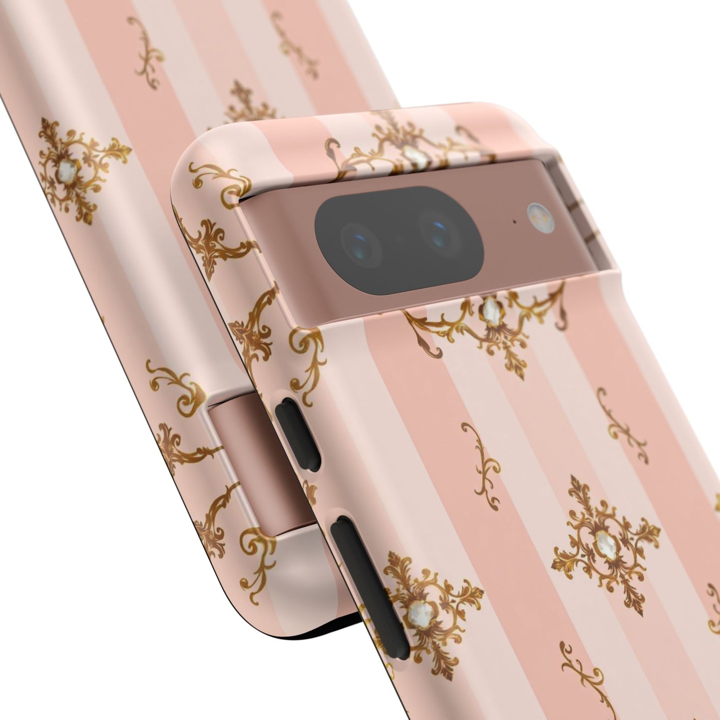 Elegant Floral Phone Case, Tough Cases for Women, Trendy Phone Cover, Chic Gift - Pink Jeweled Striped Gold Baroque