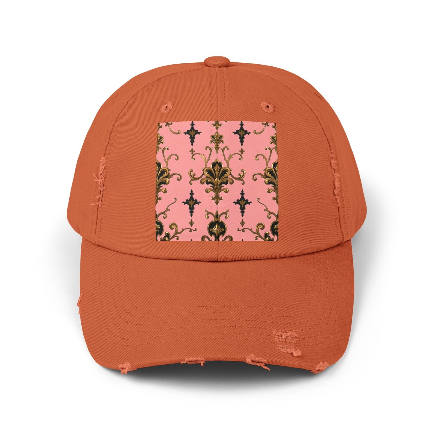 Chic Distressed Cap, Fashionable Baseball Hat, Casual Summer Headwear - Pink, Black & Gold Rococo