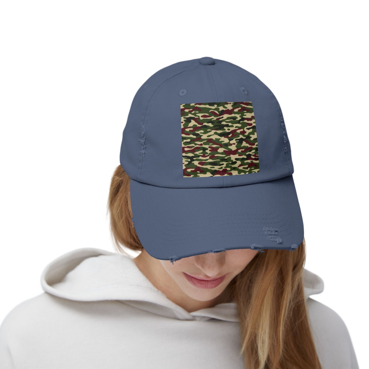 Camo Distressed Cap | Unisex Fashion Hat, Trendy Outdoor Accessory, Gift for Him/Her, Casual Wear, Sports Cap - Army Green & Burgundy Camo