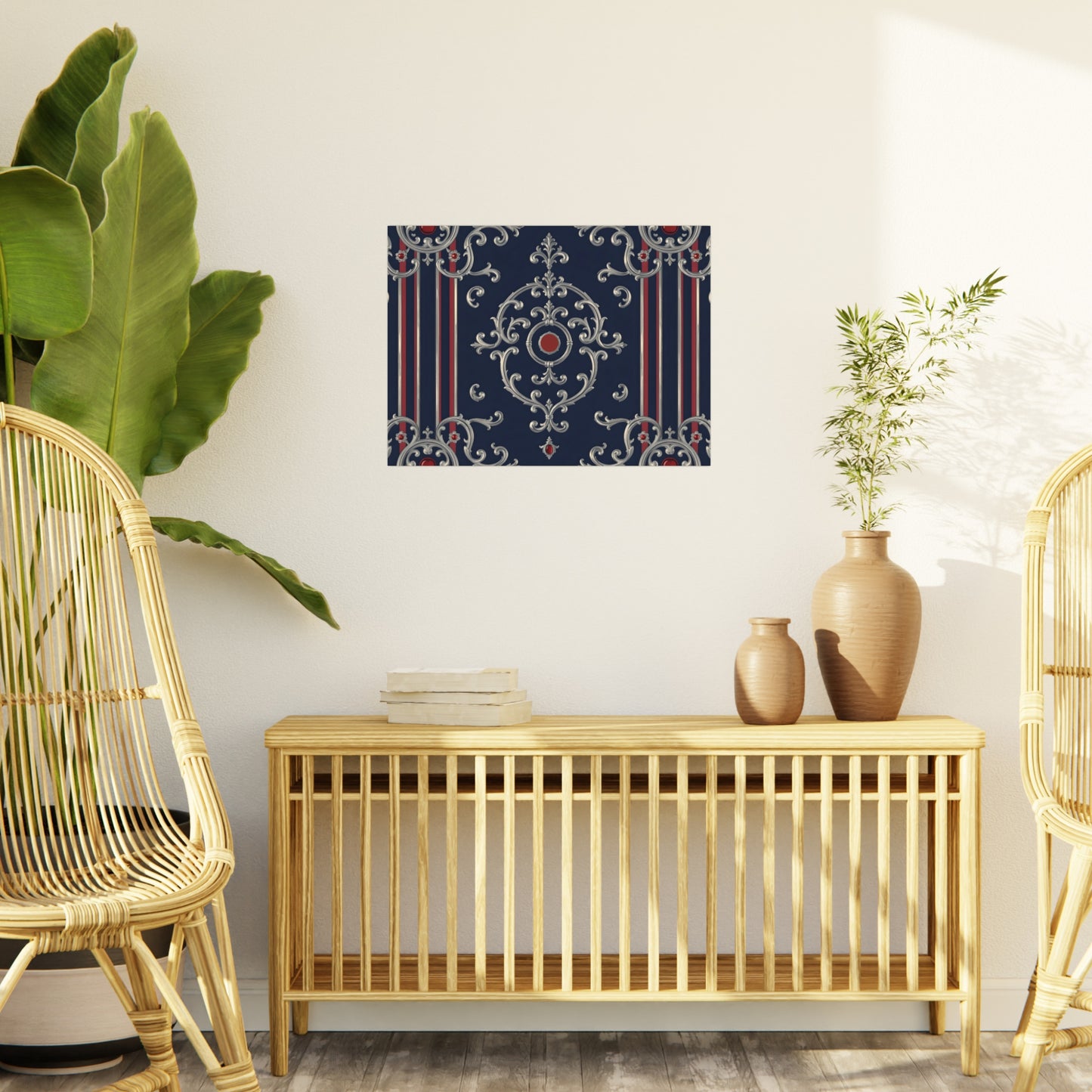 Elegant Foam Board Decor, Nautical Wall Art, Framed Print Alternative, Home Office Wall Accent, Gift for Him/Her - Blue & Red Striped Silver Baroque