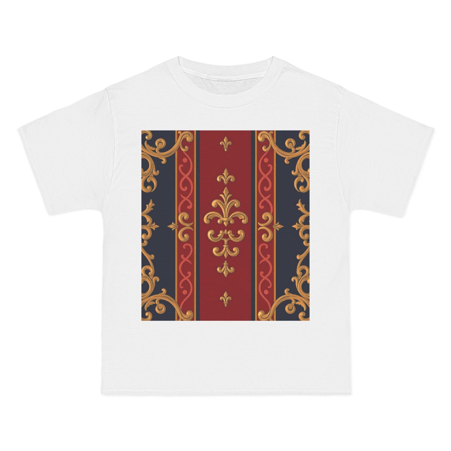 Elegant Patterned Short-Sleeve T-Shirt, Stylish Tee, Vintage Design Top, Casual Wear, Fashionable Gift - Midnight Blue & Dusk Red Gold Baroque