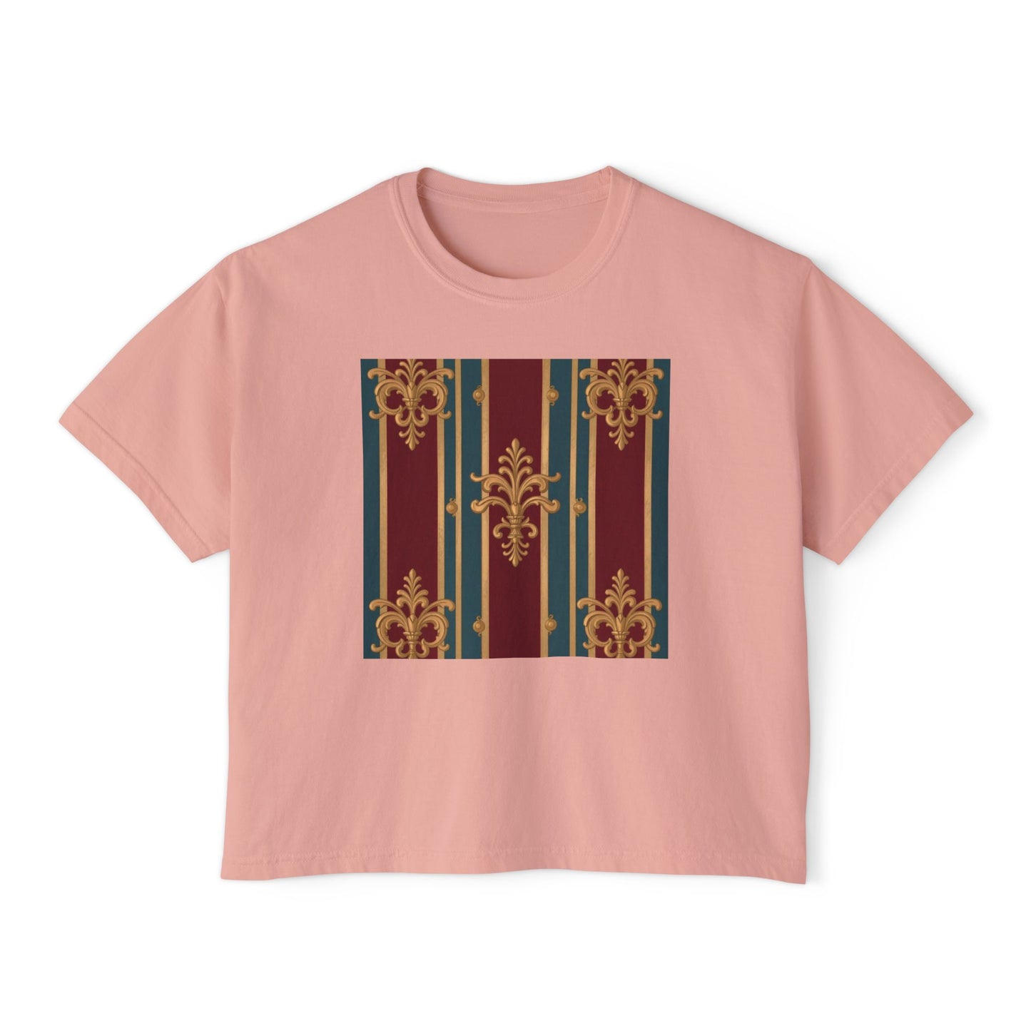 Vintage Floral Women's Boxy Tee, Casual Shirt, Graphic Tee, Everyday Wear, Gift for Her - Burgundy Striped Gold Baroque