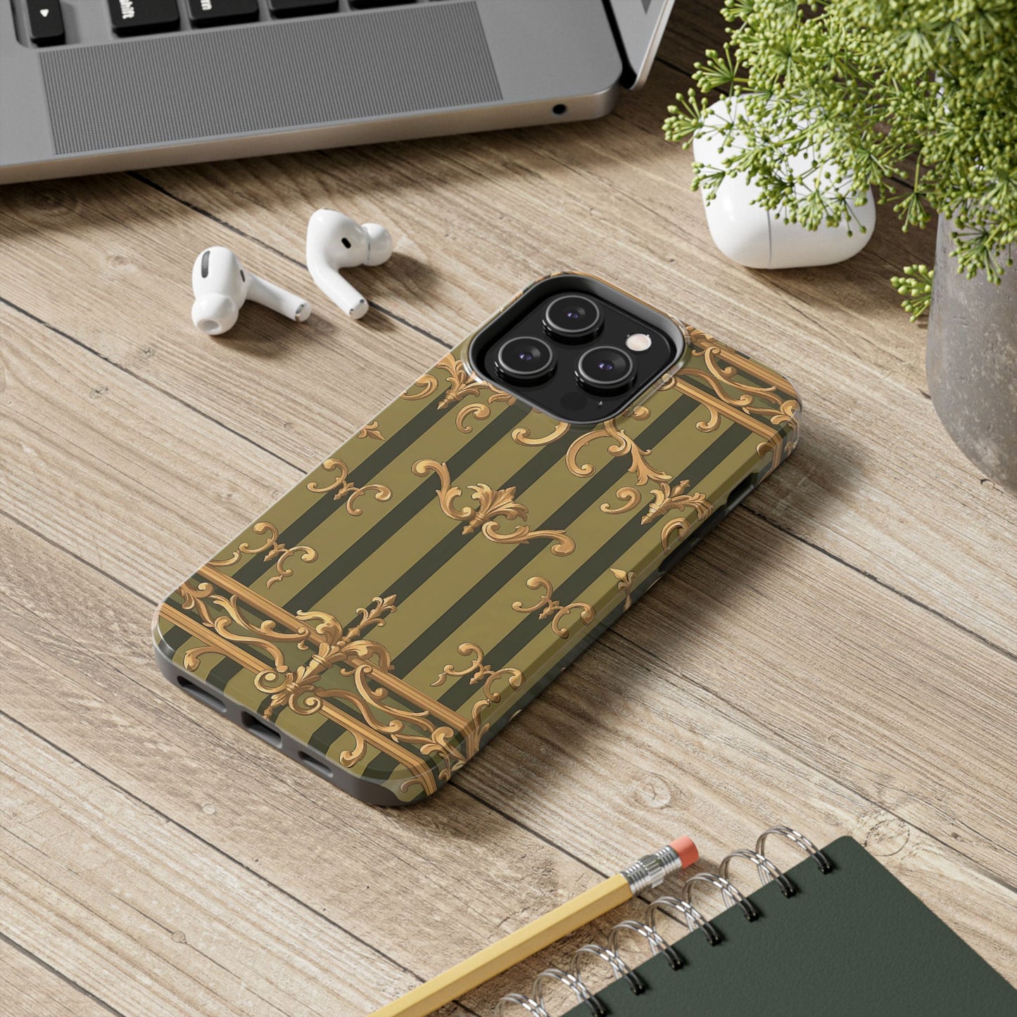 Elegant Vintage Phone Case - Tough Protection with Classy Design, Stylish Phone Cover for Fashion Lovers - Olive Green Striped Rococo