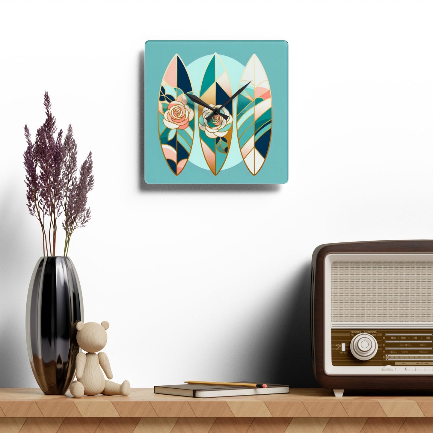 Bohemian Surf-Inspired Acrylic Wall Clock with Floral Design - Blue, Pink & Aqua Surfboard & Roses Design