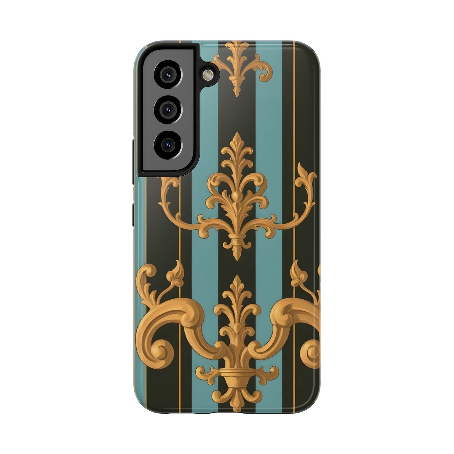 Elegant Baroque Tough Phone Case, Stylish Phone Cover, Durable iPhone Case, Unique Gift - Black & Turquoise Striped Baroque