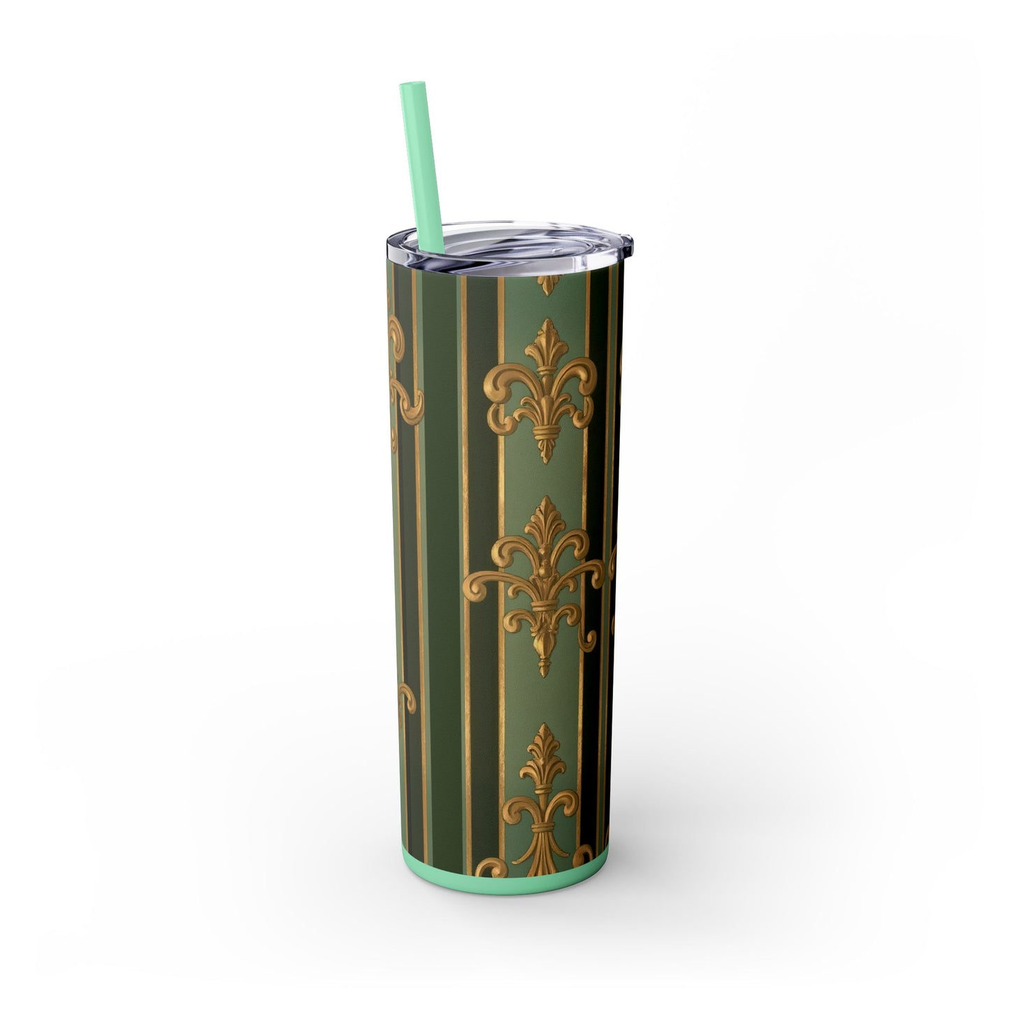 Elegant Green Striped Skinny Tumbler, 20oz Travel Mug, Reusable Cup, Perfect for Gifts, Parties, Home Decor - Green Striped Gold Baroque