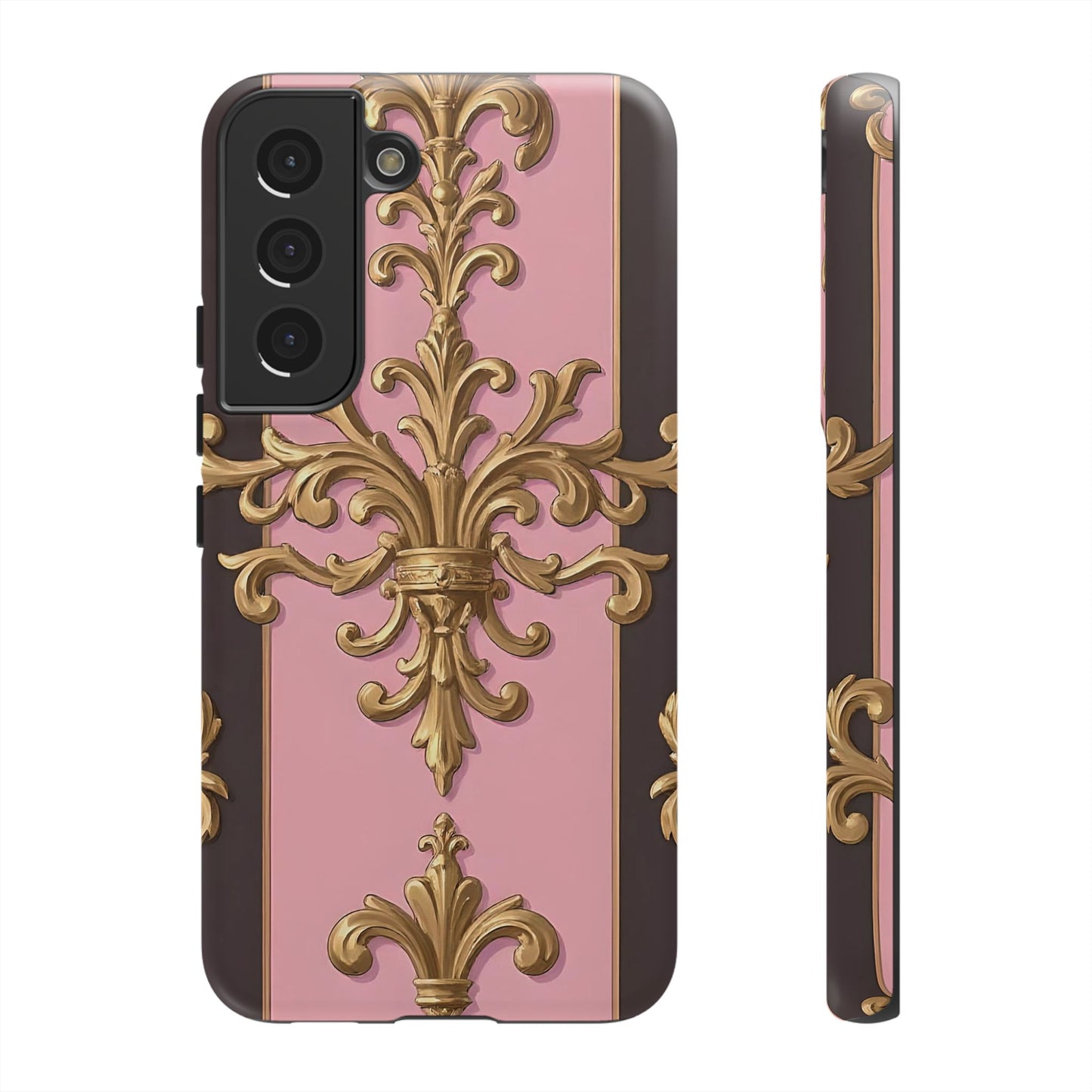Elegant Floral Motif Phone Case - Tough Cases with Vintage Design - Pink & Brown Striped Gold Damask