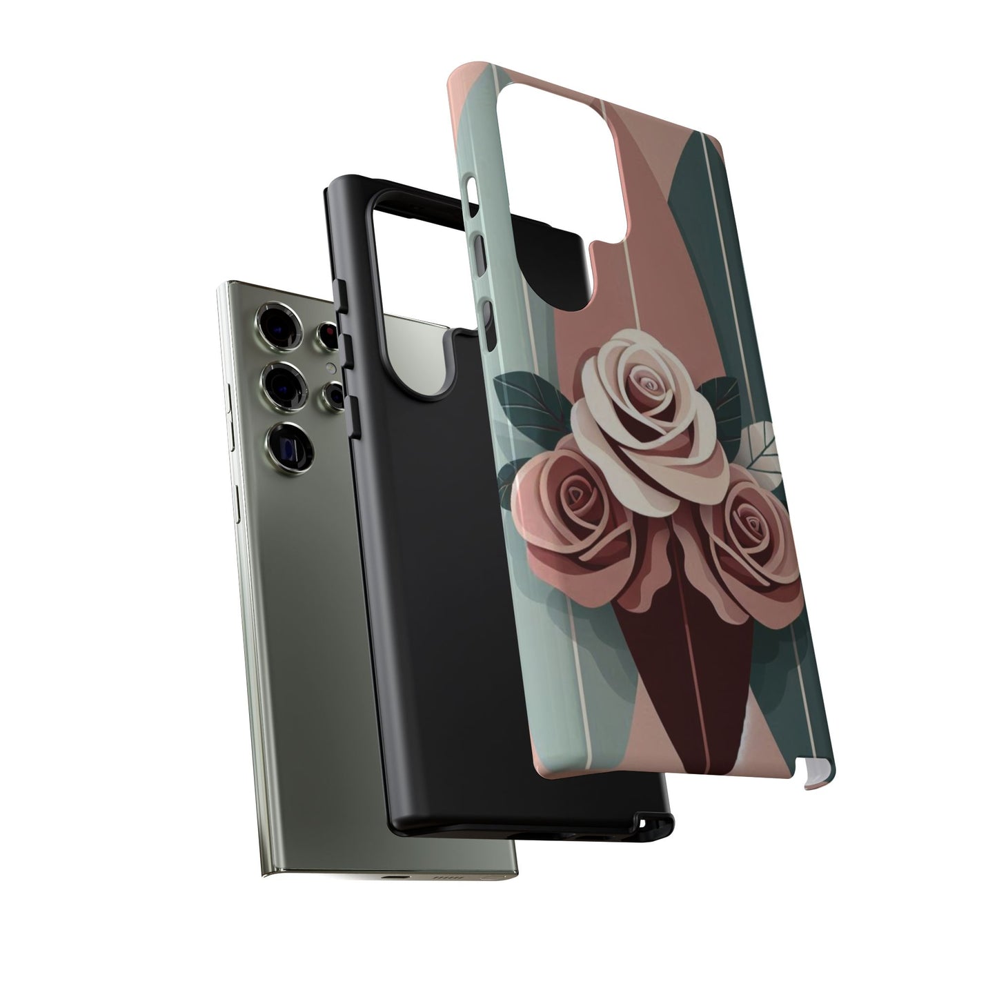 Phone Case - Burgundy, Matte Mauve & Teal Surfboard & Roses Design