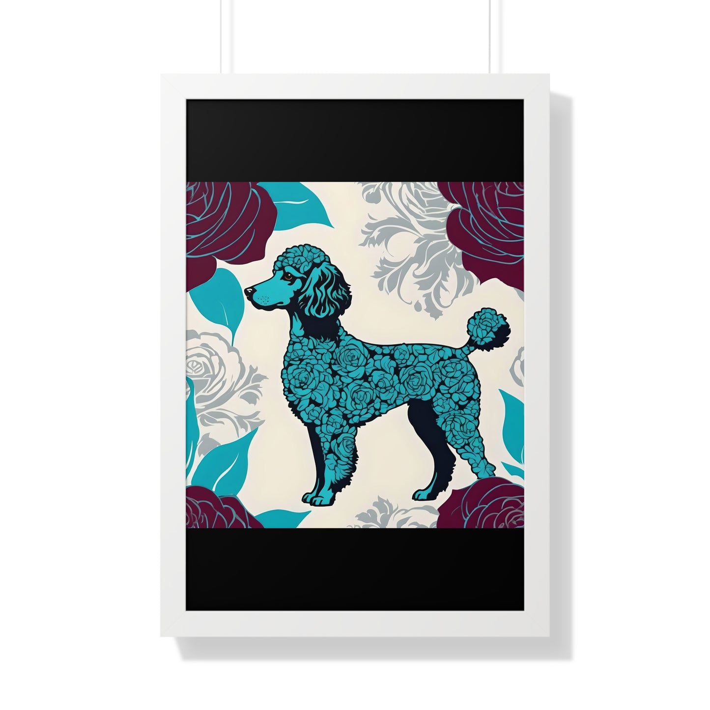 Vertical Poster - Stylish Framed - Art for Home Decor - Rose Inspired Turquoise Poodle With Burgundy Roses