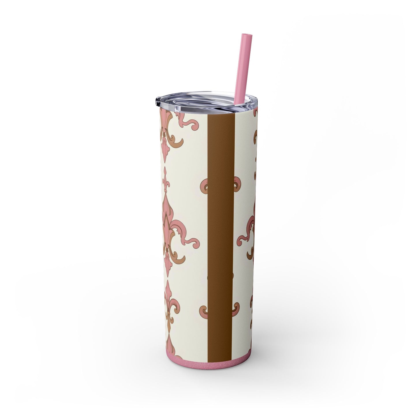 Elegant Floral Skinny Tumbler, 20oz Drinkware, Stylish Travel Mug, Wedding Gift, Personalized Gift, Eco-Friendly Cup - Brown Striped Pink Arabesque