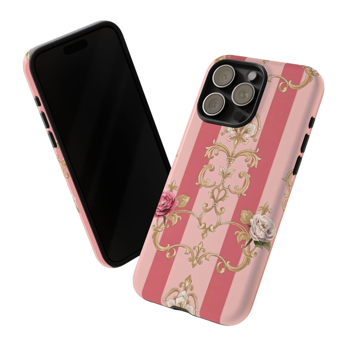 Elegant Floral Motif Phone Case - Tough Cases with Vintage Design - Pink Striped Roses & Damask
