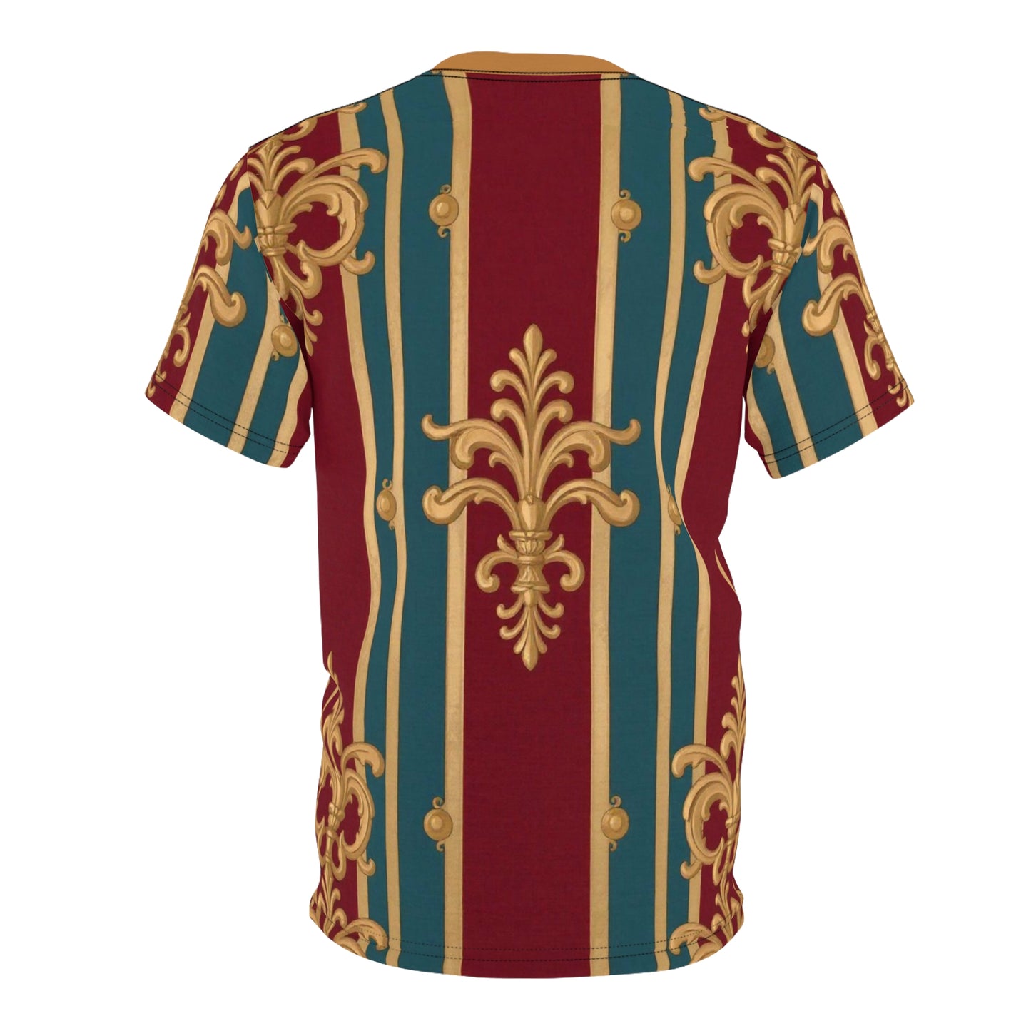 Opulent Unisex Graphic Tee, Elegant Fashion Top, Stylish Casual Wear, Unique Gift Idea, Trendy Streetwear - Burgundy Striped Gold Baroque