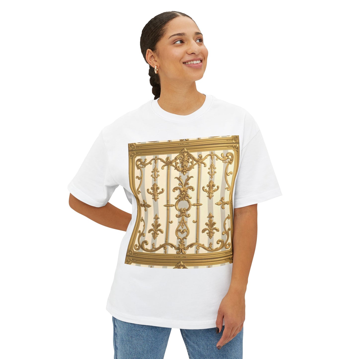 Golden Art Unisex Oversized Tee, Graphic Tee, Trendy Streetwear, Casual Shirt - Matte Gray & Cream Striped Gold Baroque