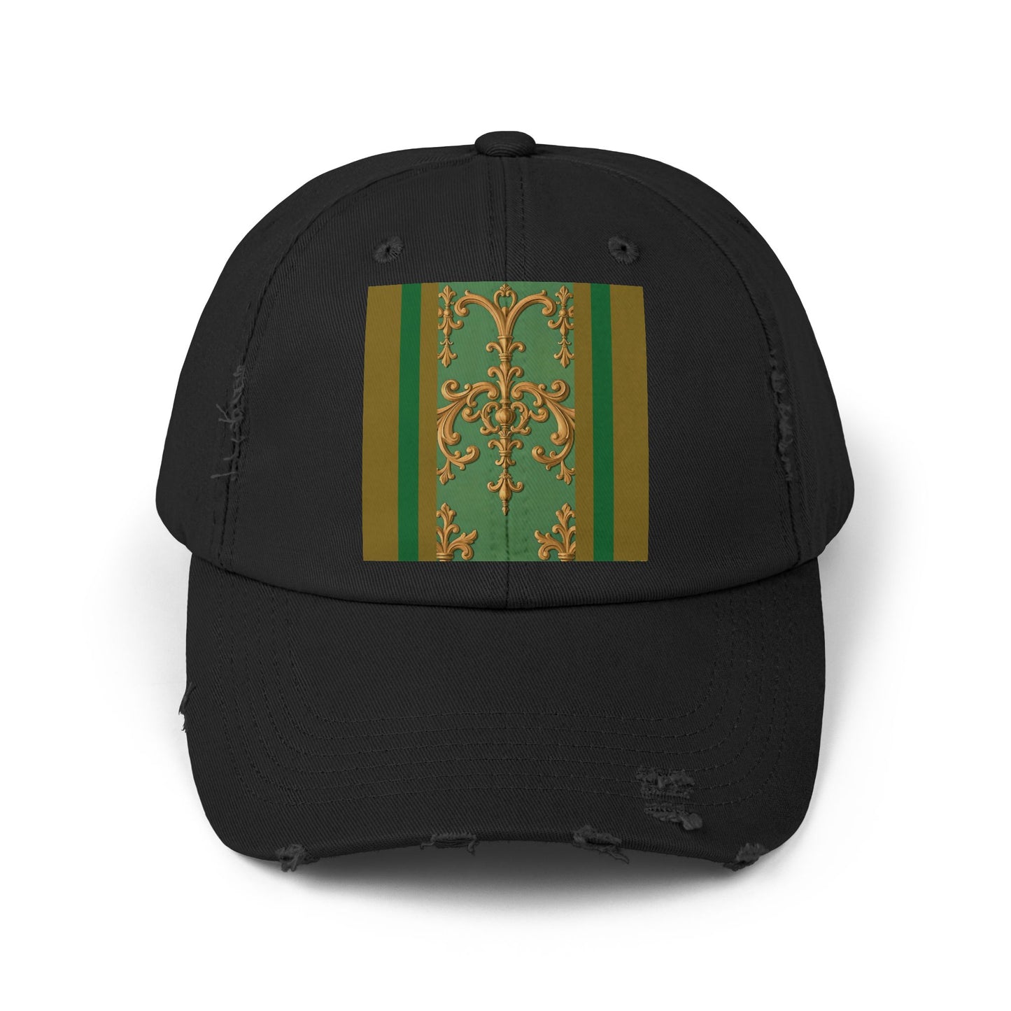 Stylish Unisex Distressed Cap with Unique Floral Design, Trending Accessory for Men and Women - Olive Green Striped Rococo