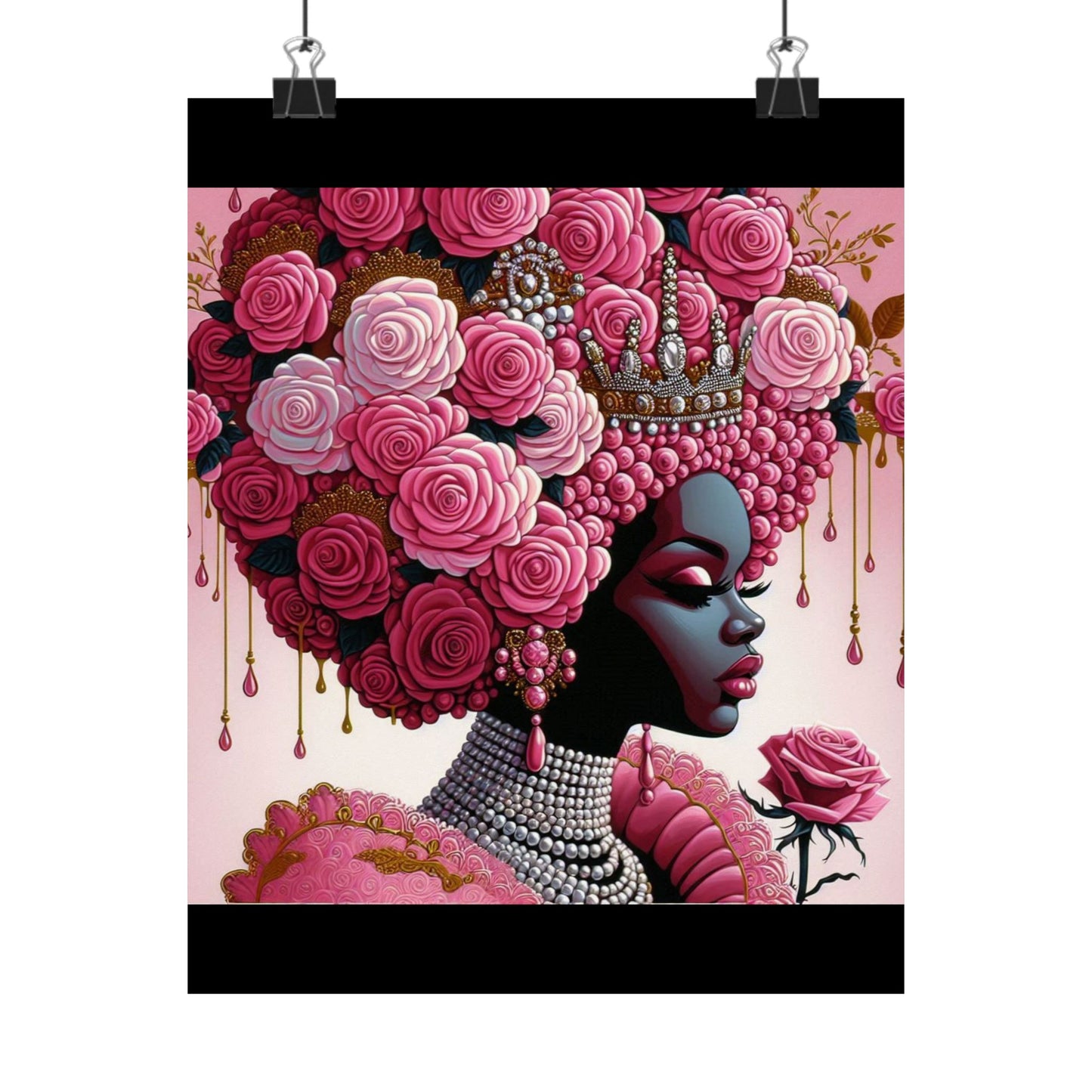 Floral Afro Art Poster - Elegant Matte Vertical Wall Decor - Pink Lady With Roses