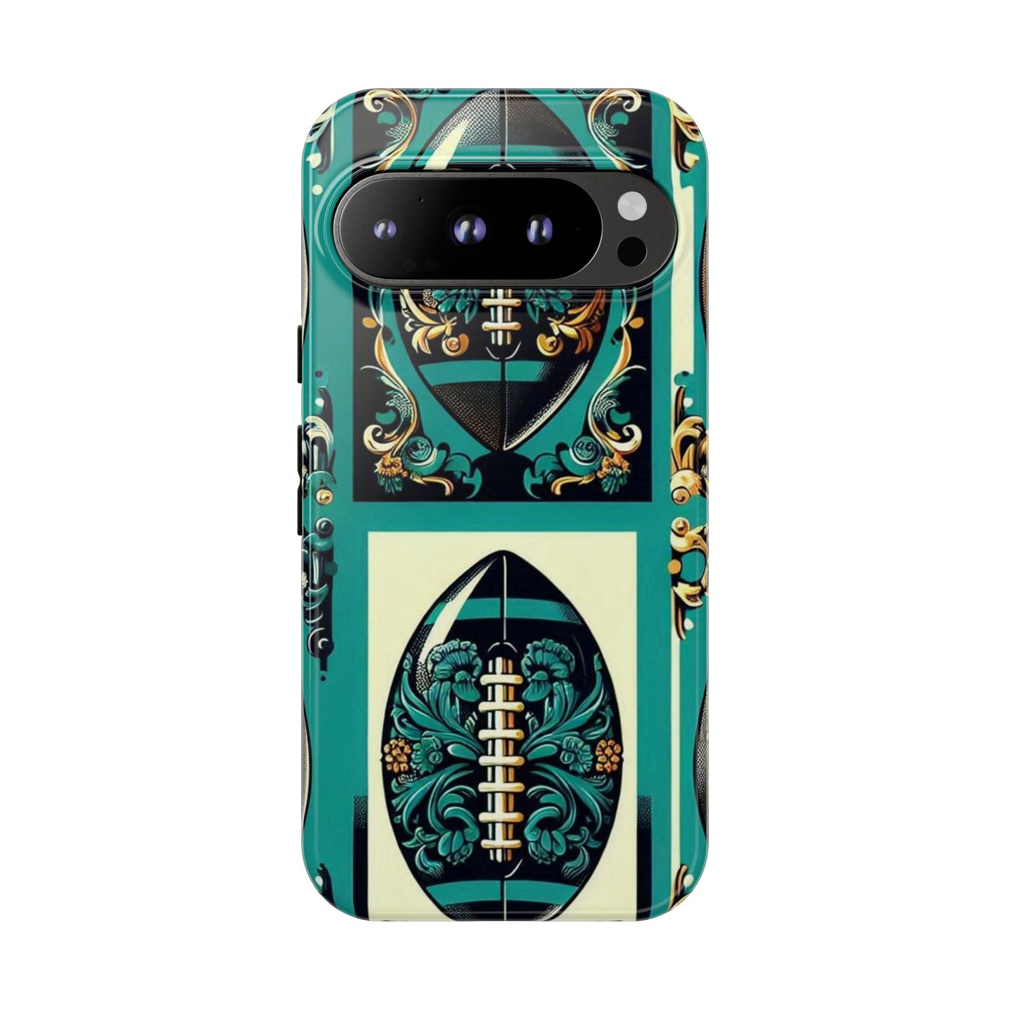 Elegant Floral Motif Phone Case - Tough Cases with Vintage Design -  Damask Teal, Gold & Black Footballs