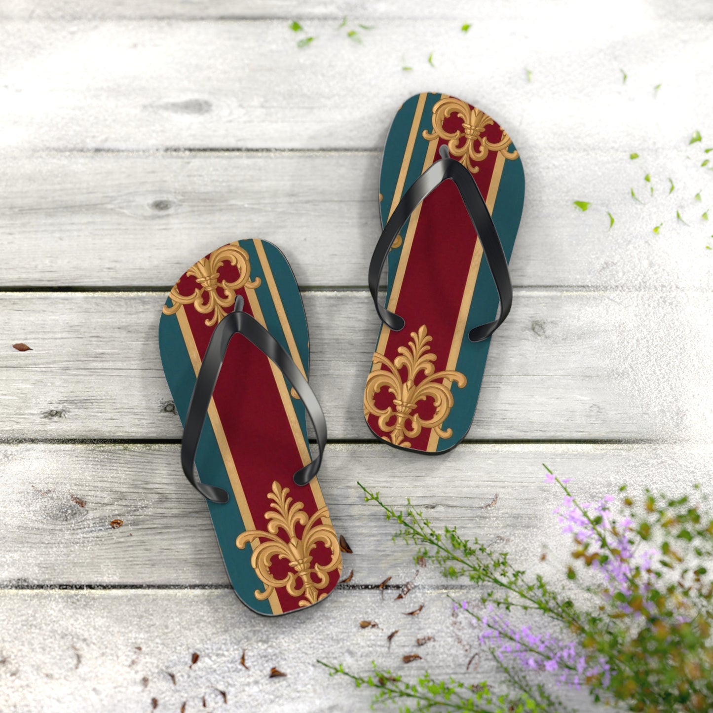 Elegant Floral Pattern Flip Flops, Stylish Beach Footwear, Summer Accessories, Vacation Sandals - Burgundy Striped Gold Baroque