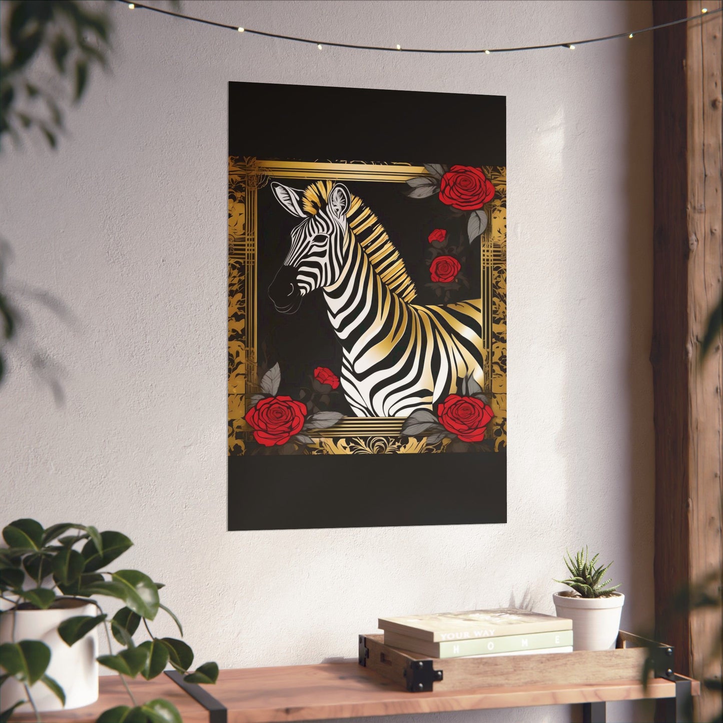 Floral Art Poster - Elegant Matte Vertical Wall Decor - Zebra With Roses