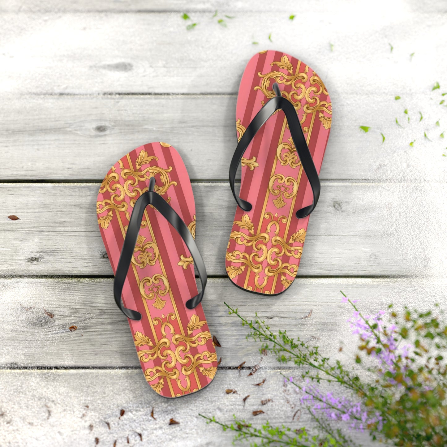 Elegant Floral Flip Flops, Summer Sandals, Beach Accessories, Vacation Footwear, Stylish Slip-Ons - Pink Striped Gold Baroque