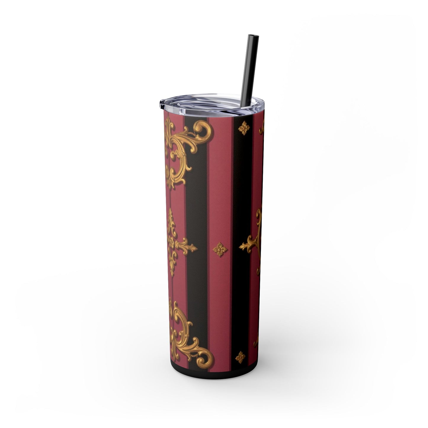 Elegant Black & Mauve Striped Gold Baroque Striped Skinny Tumbler with Straw, 20oz | Vintage Gold Accent Drinkware, Wedding Gift, Party Favor, Travel Mug