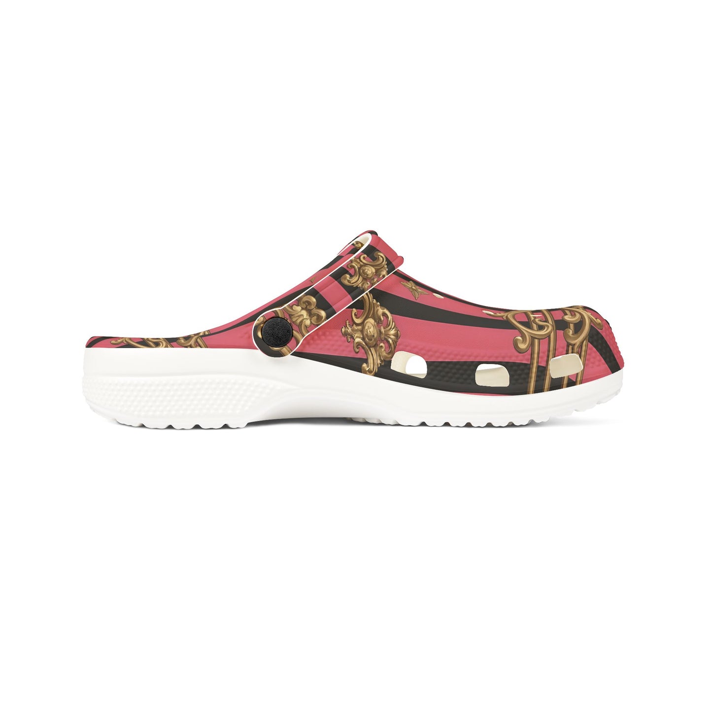 Chic Comfort EVA Foam Clogs, Stylish Slip-On Shoes for Home, Garden, and Casual Outings, Fashionable Footwear - Pink Striped Gold Rococo