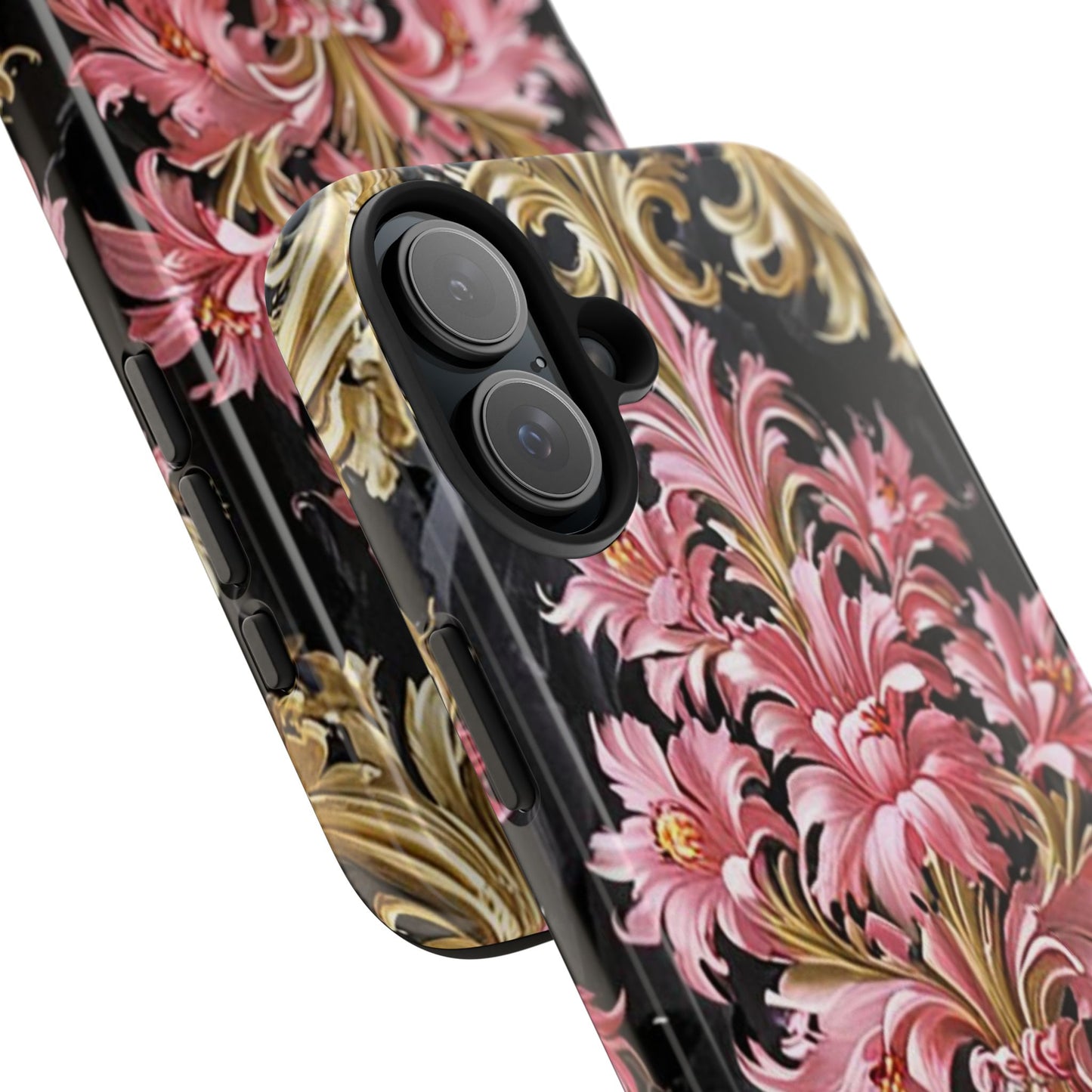 Elegant Floral Tough Phone Cases | Stylish Protection for Her | Gift for Birthdays - Black & Pink Oil Painting Style Rococo