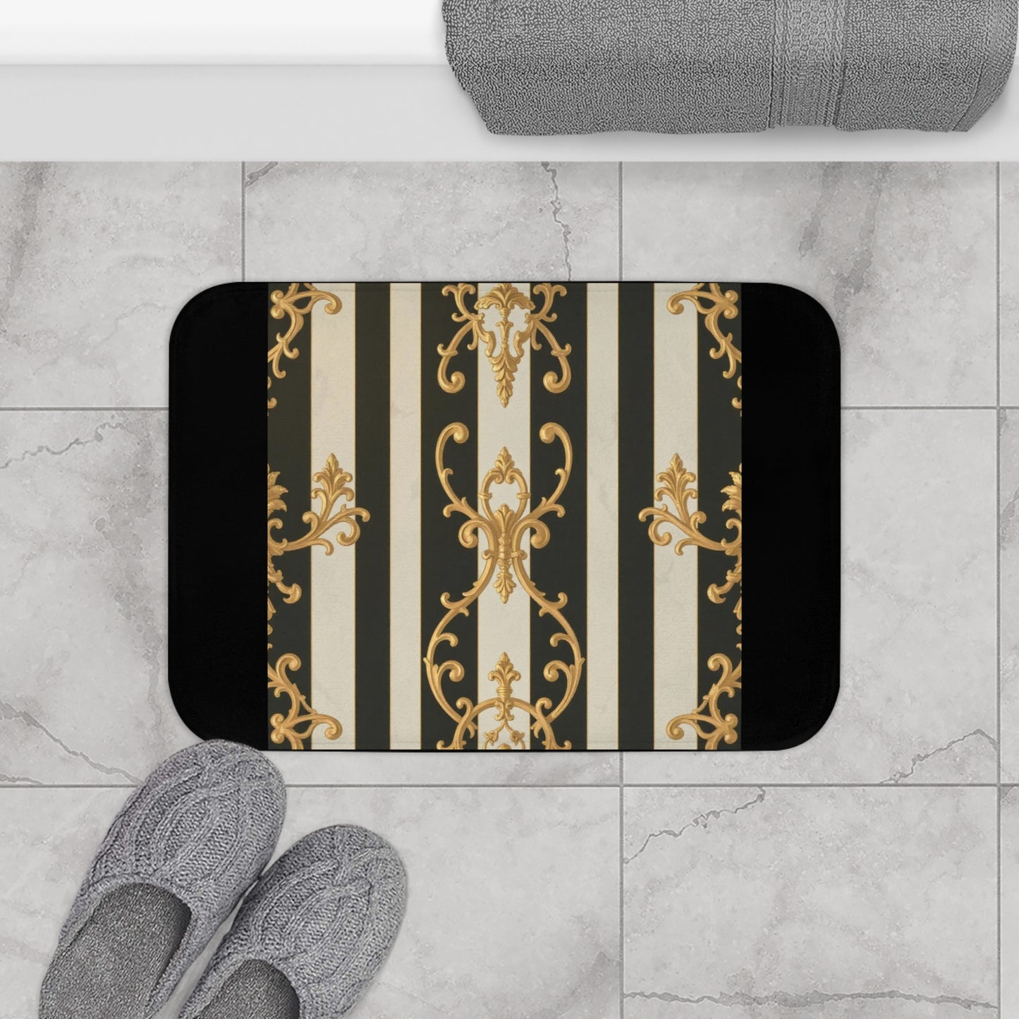 Elegant Black and Alabaster Striped Baroque Bath Mat, Luxurious Bathroom Decor, Non-Slip Mat, Gift for Homeowners, Stylish Bath Accessory