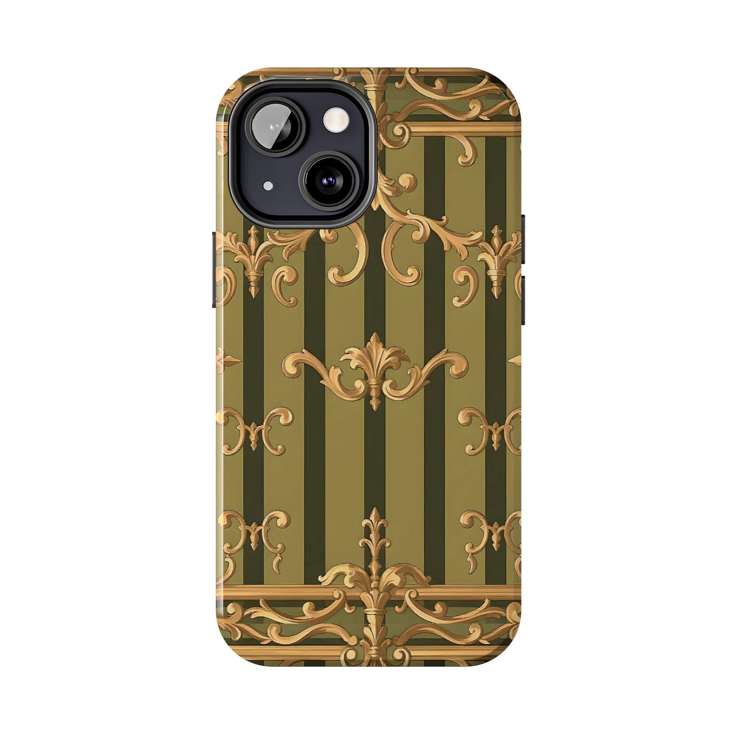 Elegant Vintage Phone Case - Tough Protection with Classy Design, Stylish Phone Cover for Fashion Lovers - Olive Green Striped Rococo