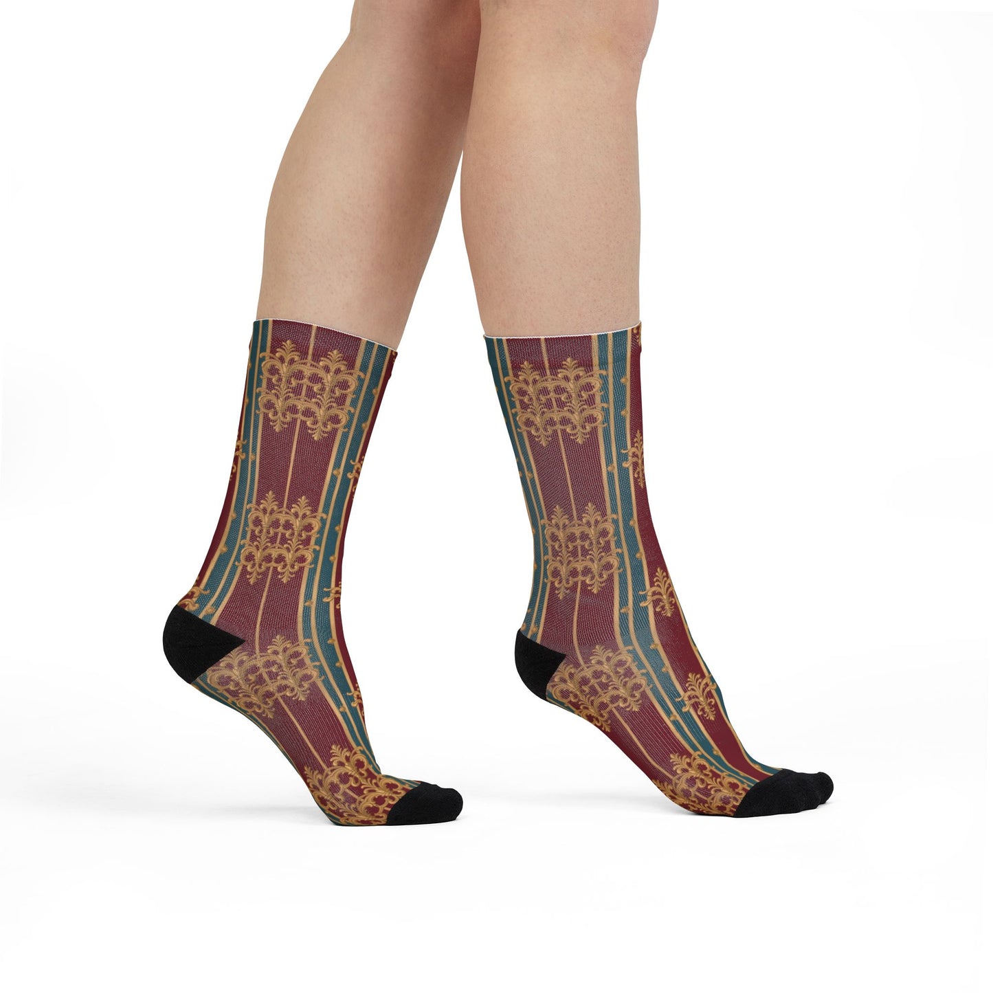 Unisex Elegant Patterned Crew Socks, Cozy Gift, Fashionable Footwear, Holiday Essentials - Burgundy Striped Gold Baroque