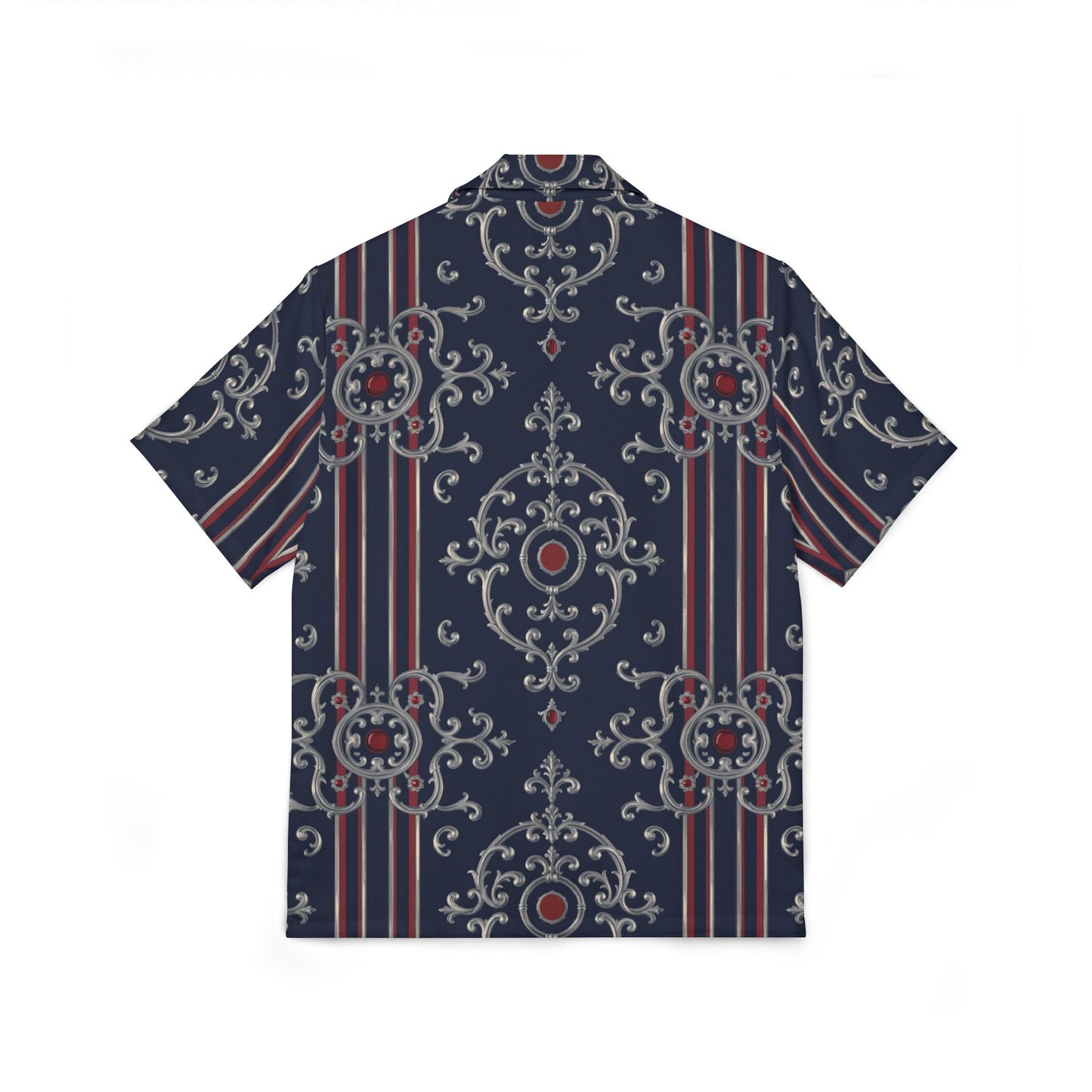 Stylish Men's Hawaiian Camp Shirt, Summer Shirt, Vacation Wear, Casual Fashion, Beach Party Attire - Blue & Red Striped Silver Baroque