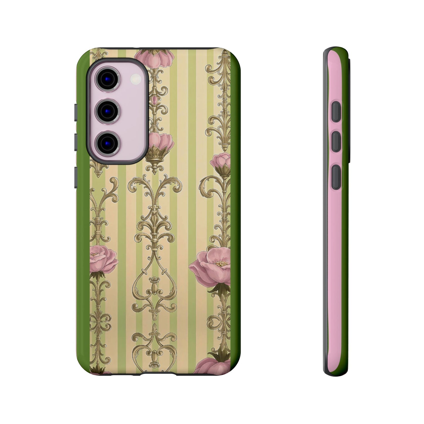 Elegant Floral Motif Phone Case - Tough Cases with Vintage Design - Lime Green & Pink Striped Damask