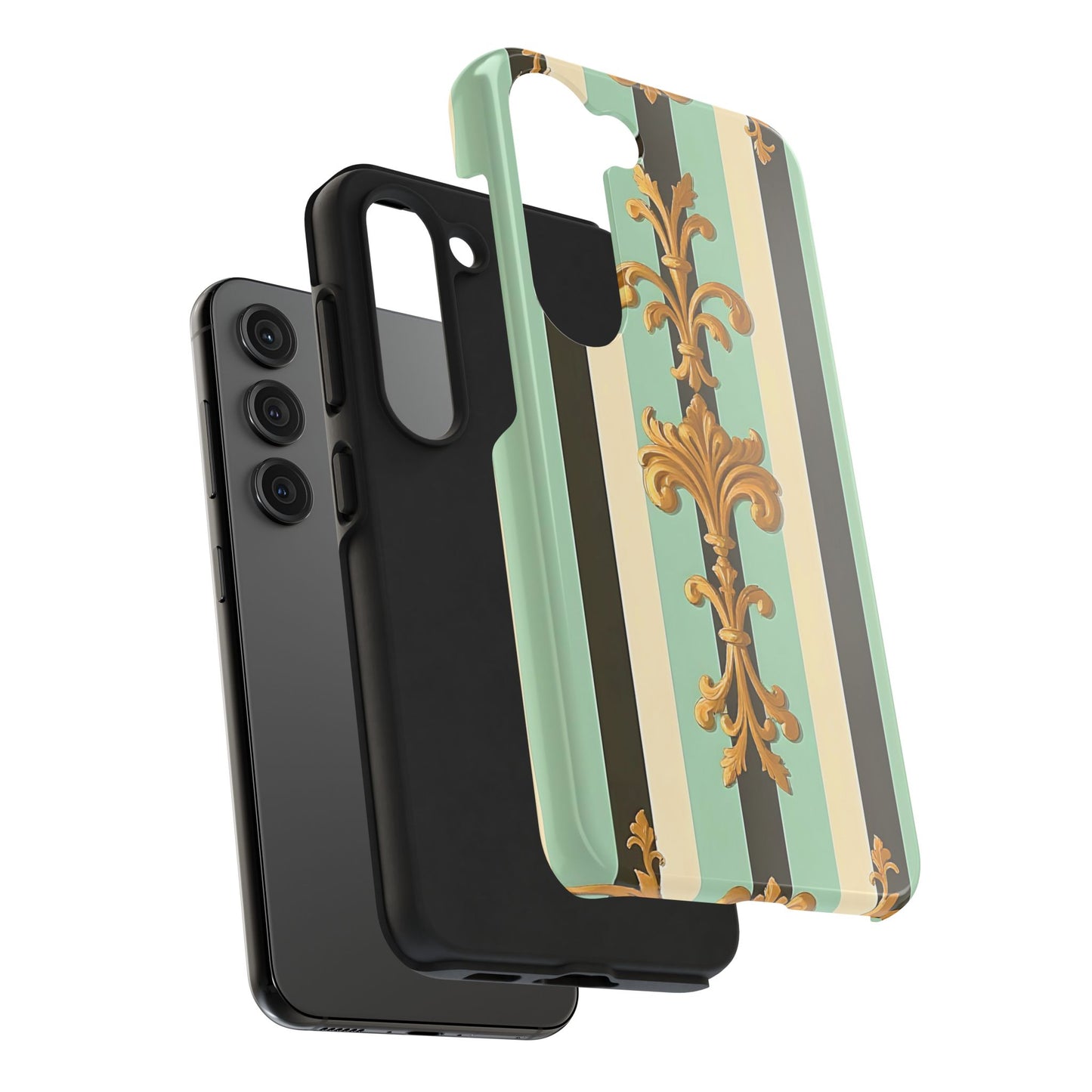 Elegant Floral Tough Phone Cases - Stylish Protection for All Occasions, Gifts for Her, Phone Covers - Black & Matte Mint Striped Rococo