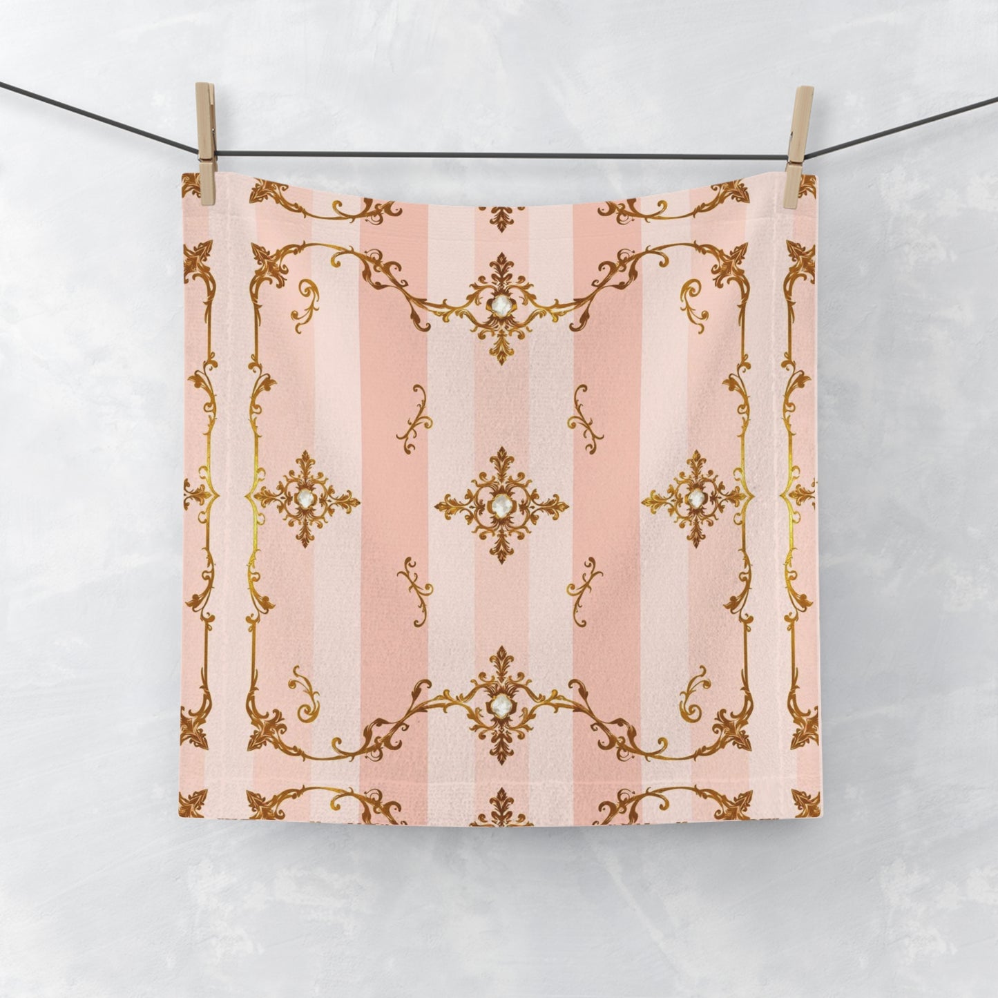 Elegant Vintage Pink Jeweled Face Towel with Gold Baroque Design