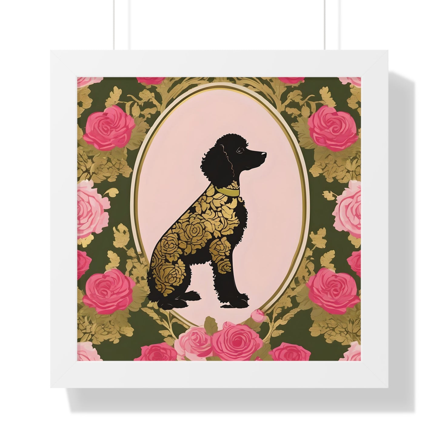 Vertical Poster - Stylish Framed - Art for Home Decor - Damask Black & Gold Poodle in Olive & Pink Roses
