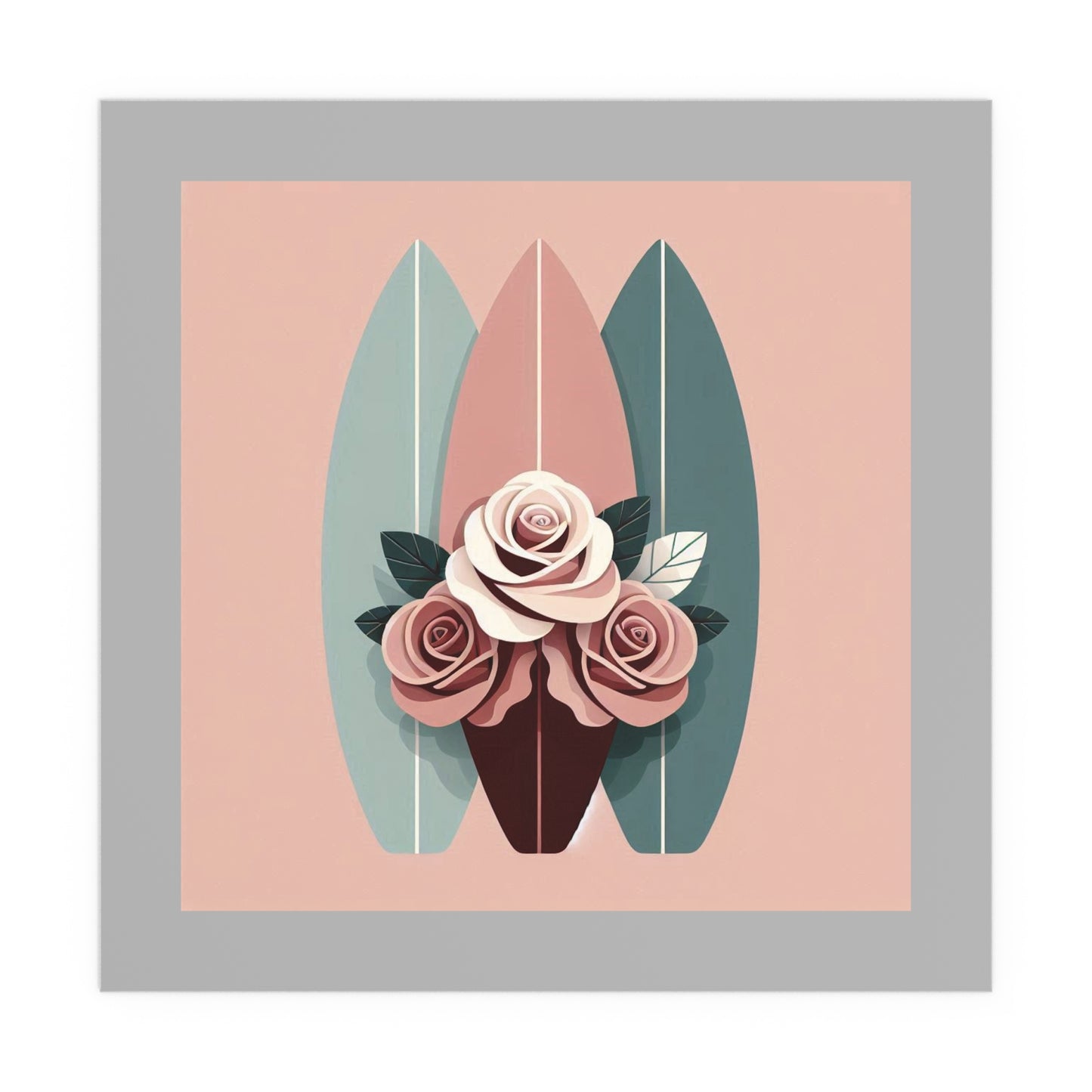 Elegant Floral Silk Poster - Indoor/Outdoor Wall Art for Home Decor - Burgundy, Matte Mauve & Teal Surfboard & Roses