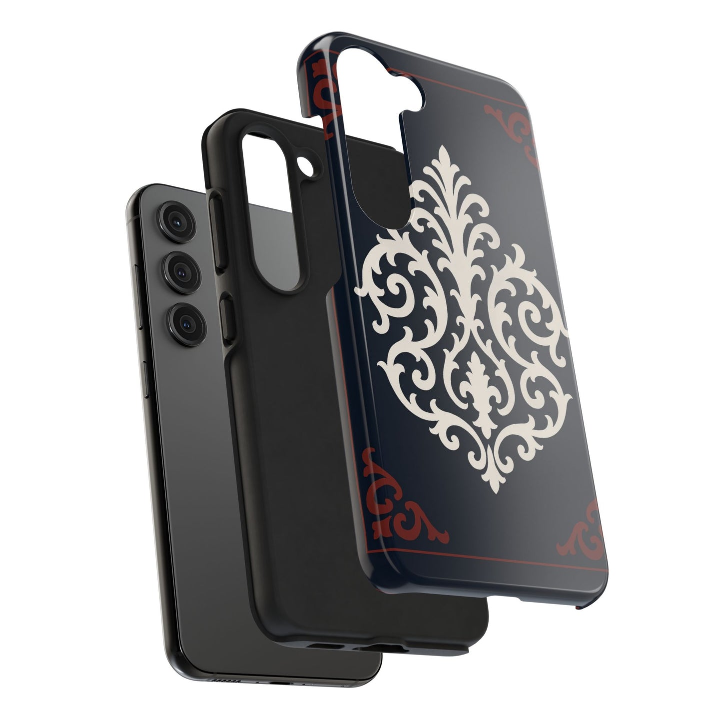 Dusk Blue-Maroon & White Baroque Tough Phone Case — Vintage Scroll Design