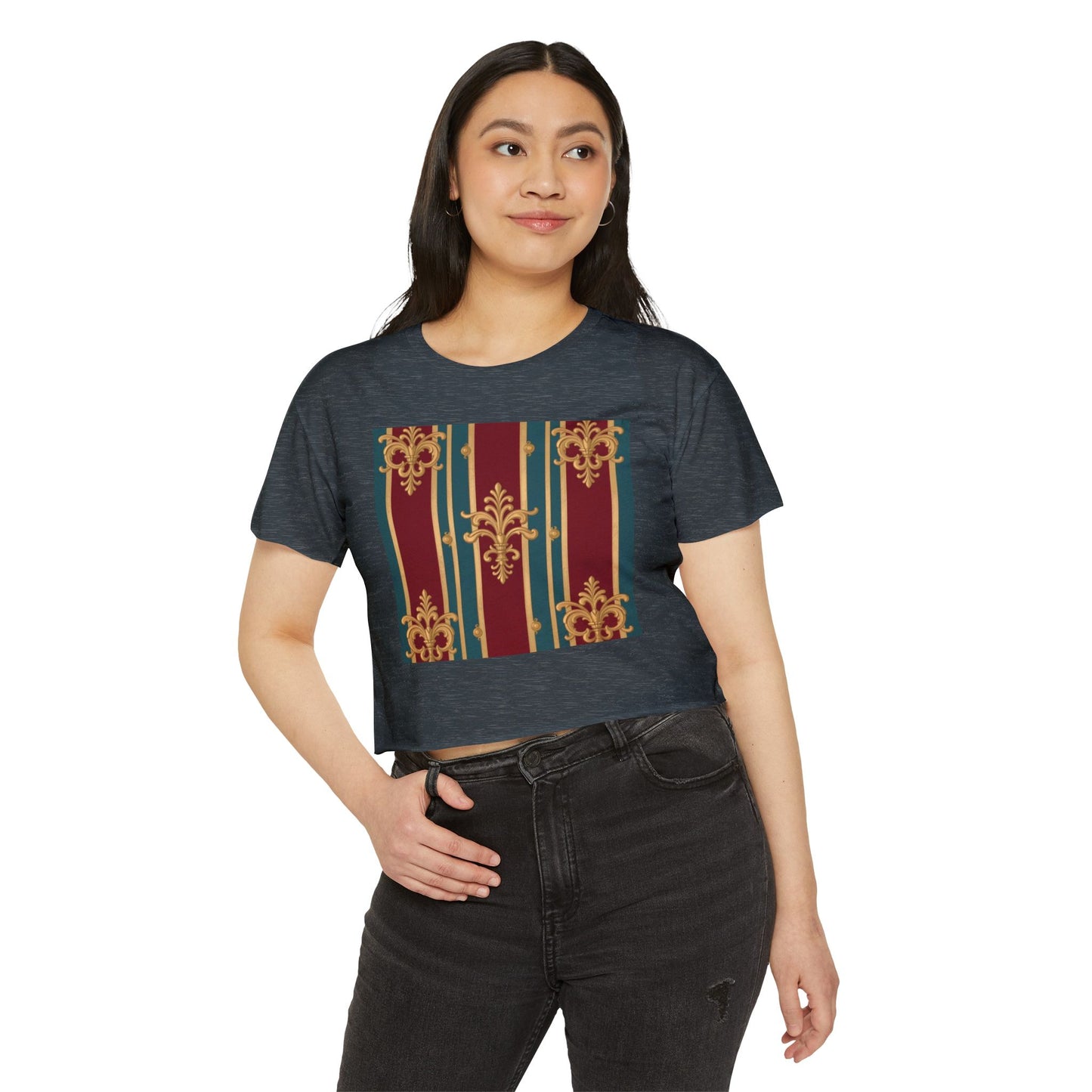 Baroque Chic Festival Crop Top | Women’s Floral Summer Tee, Outdoor Concert Wear, Vacation Top - Burgundy Striped Gold Baroque