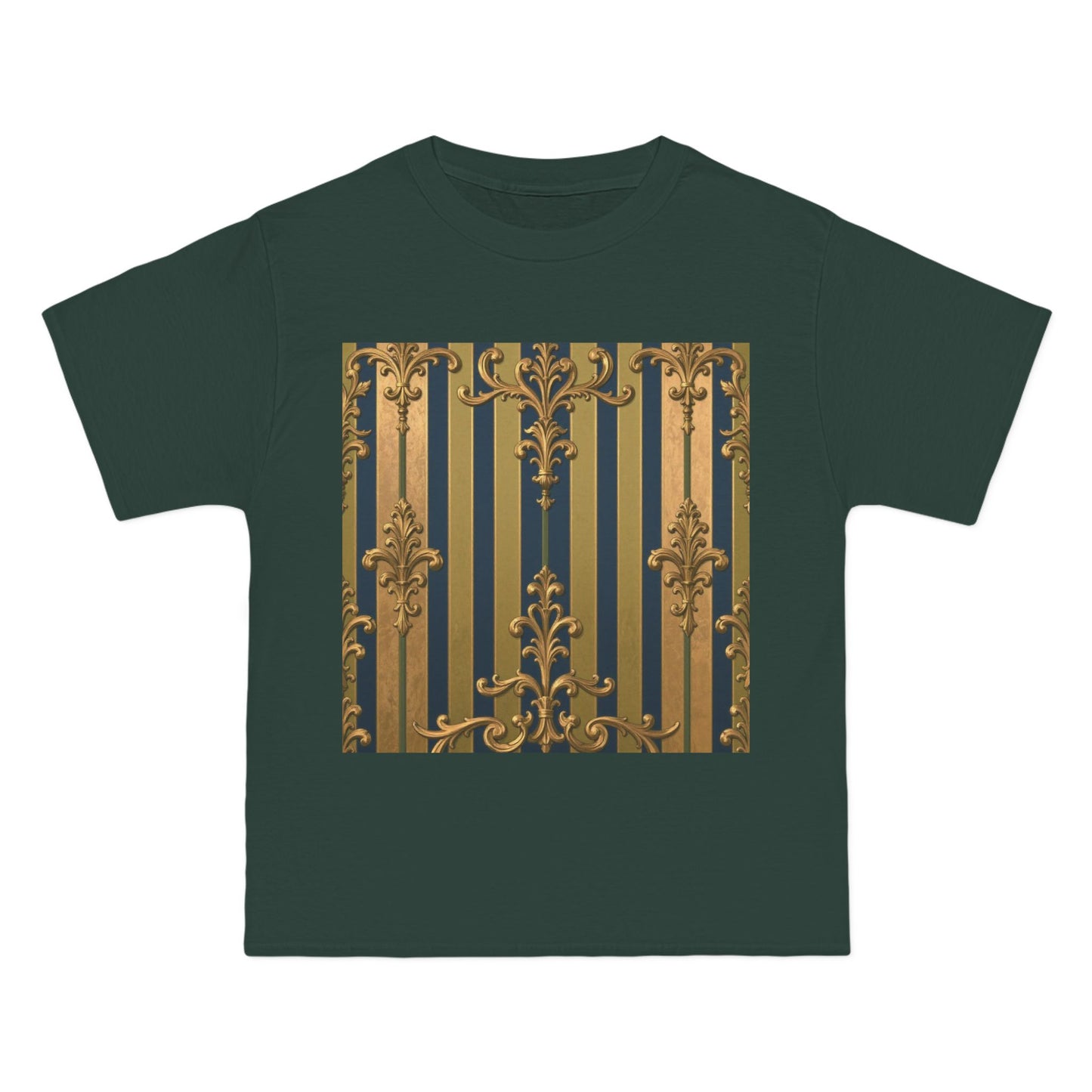 Elegant Midnight Blue & Olive Striped Gold Baroque Short-Sleeve Unisex T-Shirt, Vintage Fashion Tee, Casual Summer Top