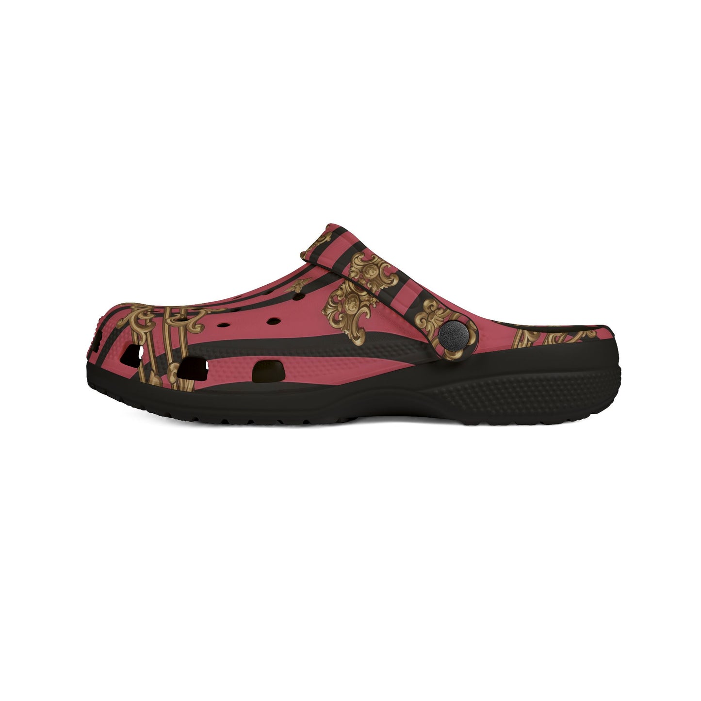 Chic Comfort EVA Foam Clogs, Stylish Slip-On Shoes for Home, Garden, and Casual Outings, Fashionable Footwear - Pink Striped Gold Rococo